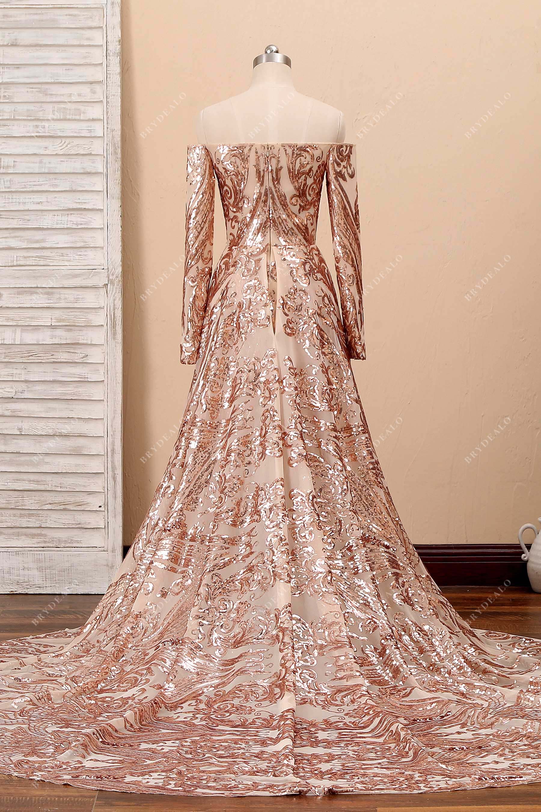 off shoulder A-line gold sequin formal dress