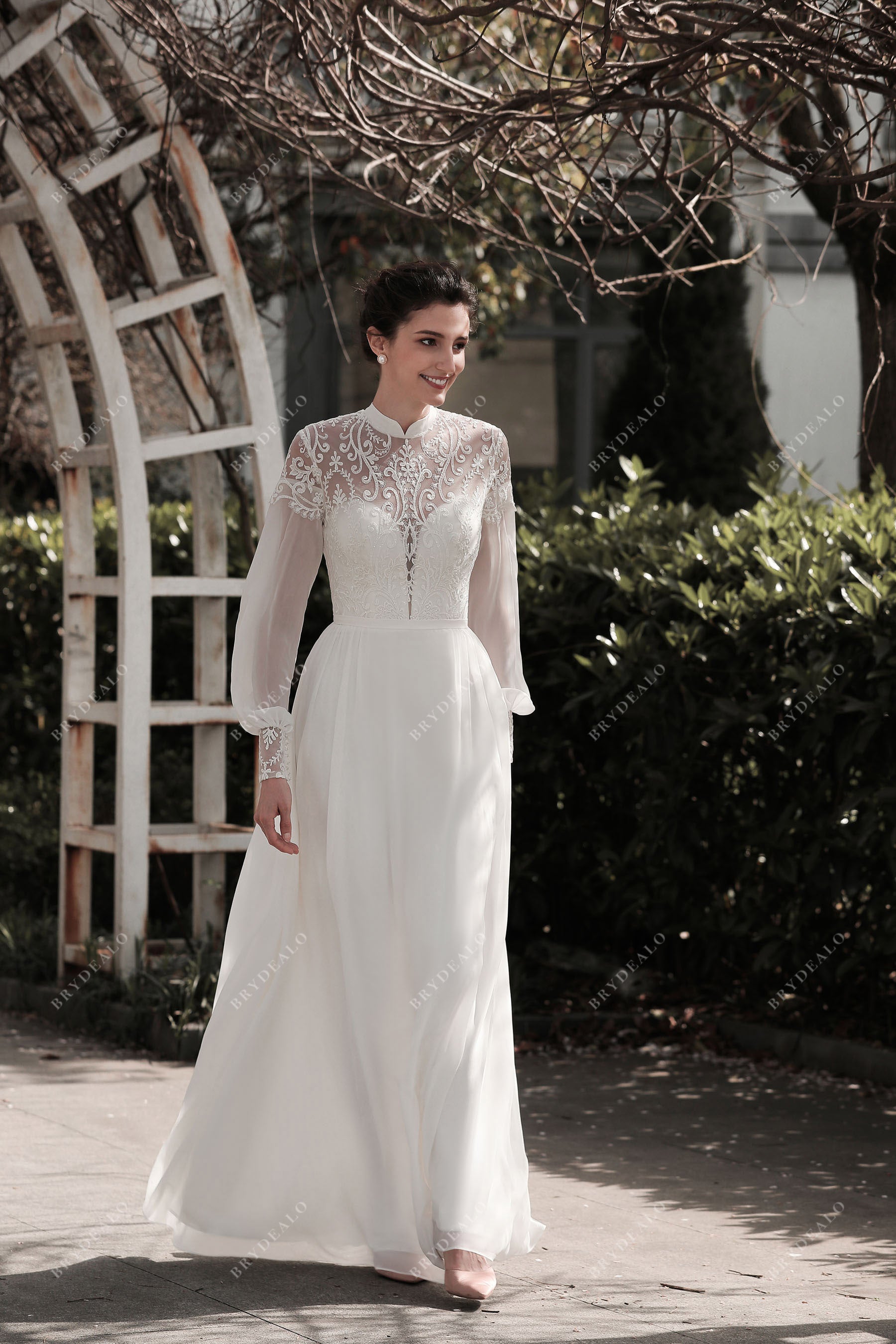 Bohemian Sheer Sleeved Lace A-line Wedding Dress