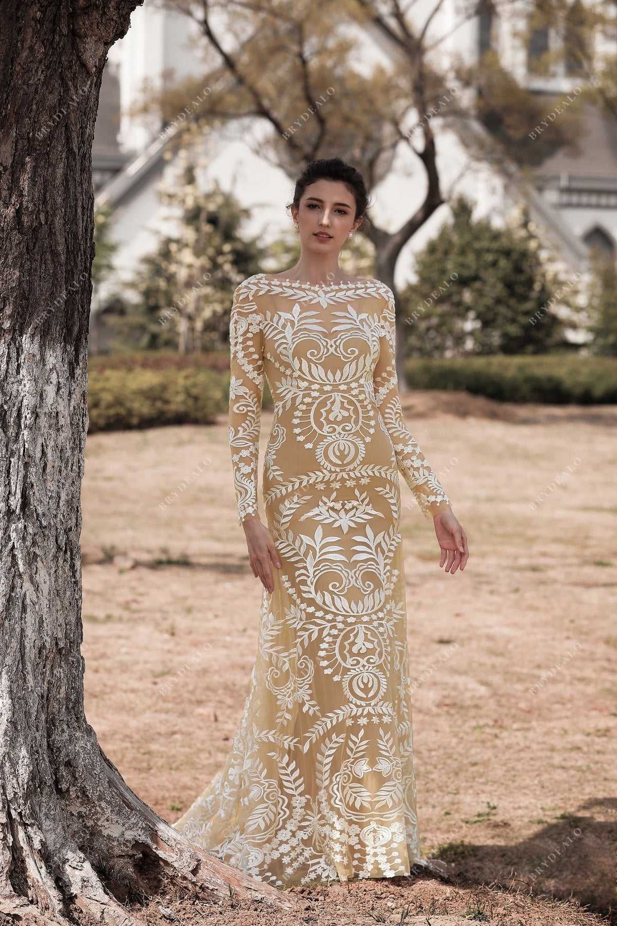Boho Sleeved Lace Wedding Dress with Nude Slip Brydealo Boho Sleeved Lace Wedding Dress with Nude Slip Brydealo