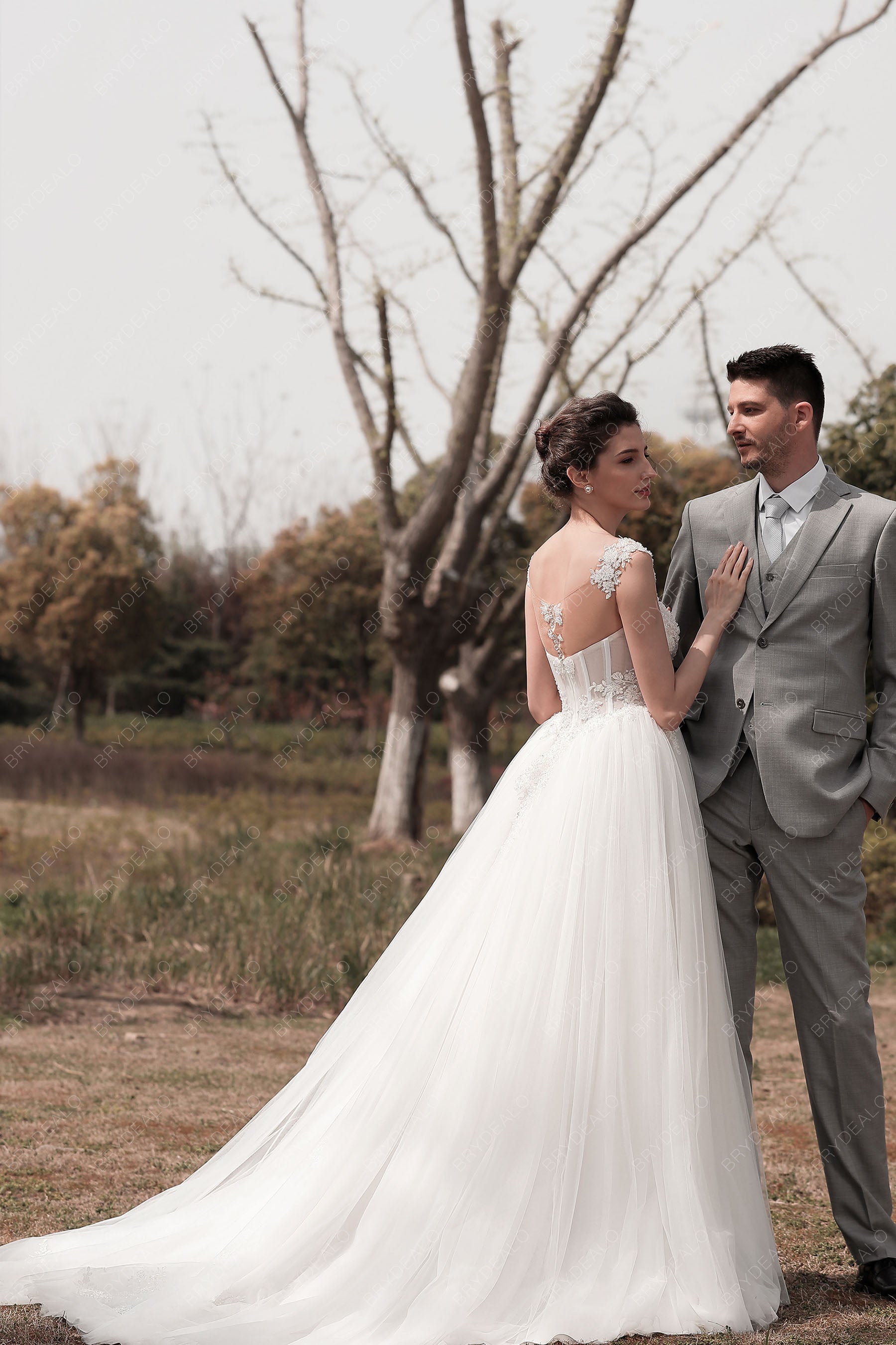 sheer open back court train bridal dress