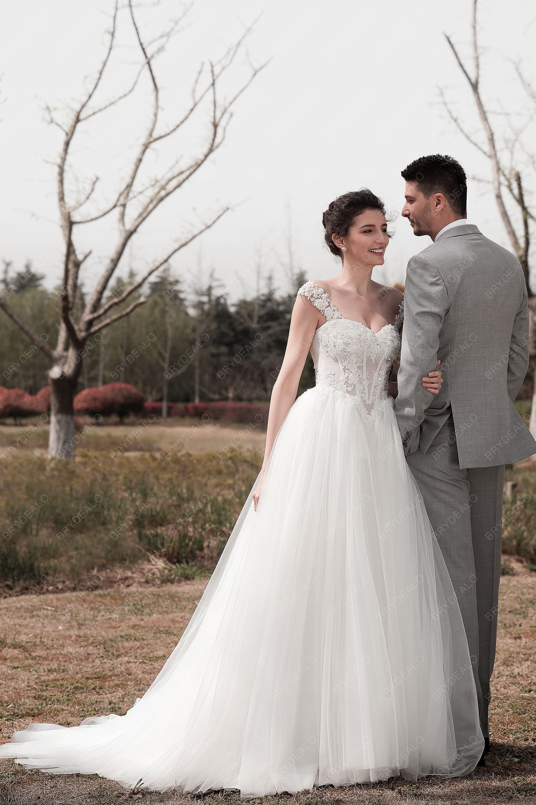 lace straps puffy A-line wedding dress