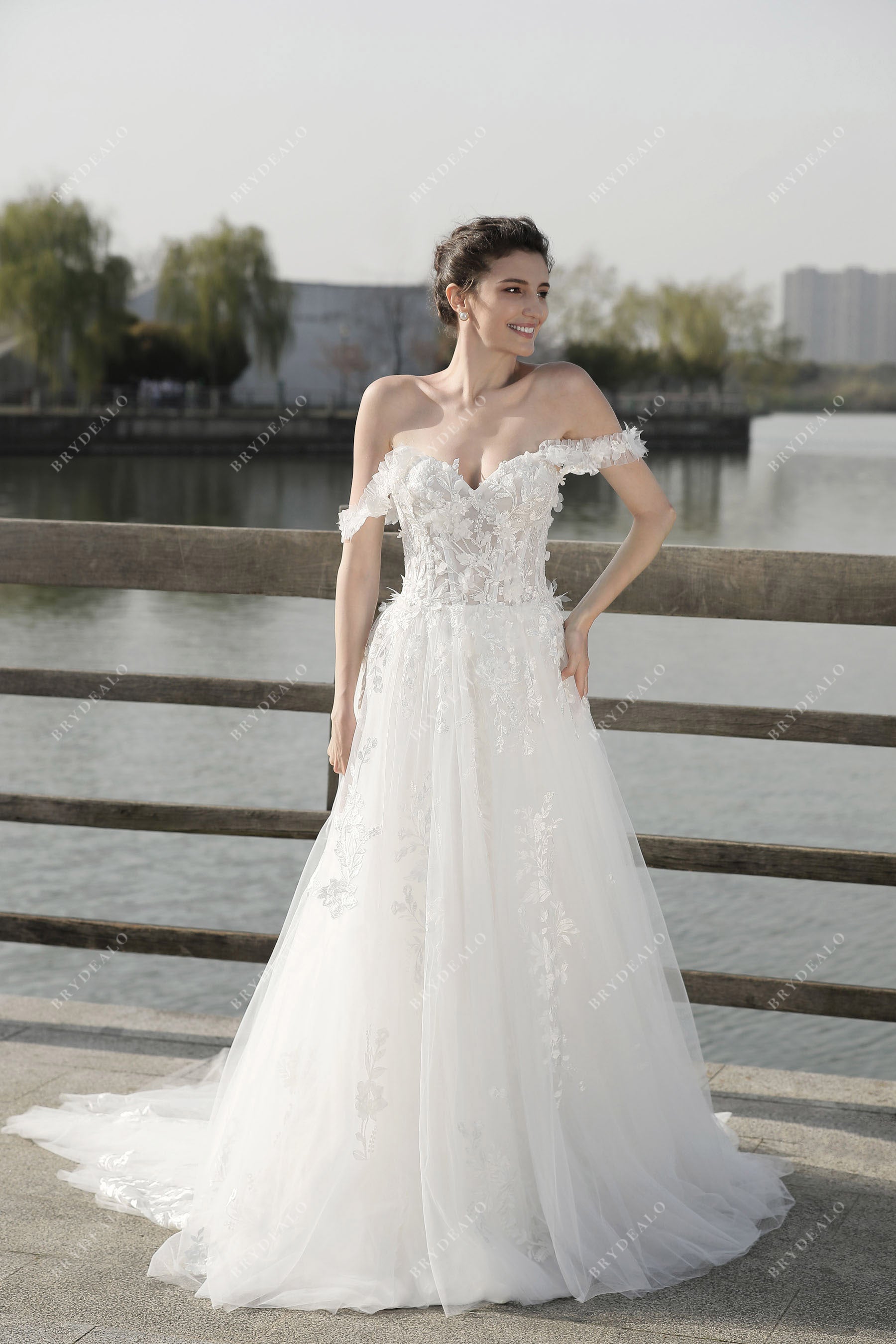 lace straps off shoulder A-line wedding dress