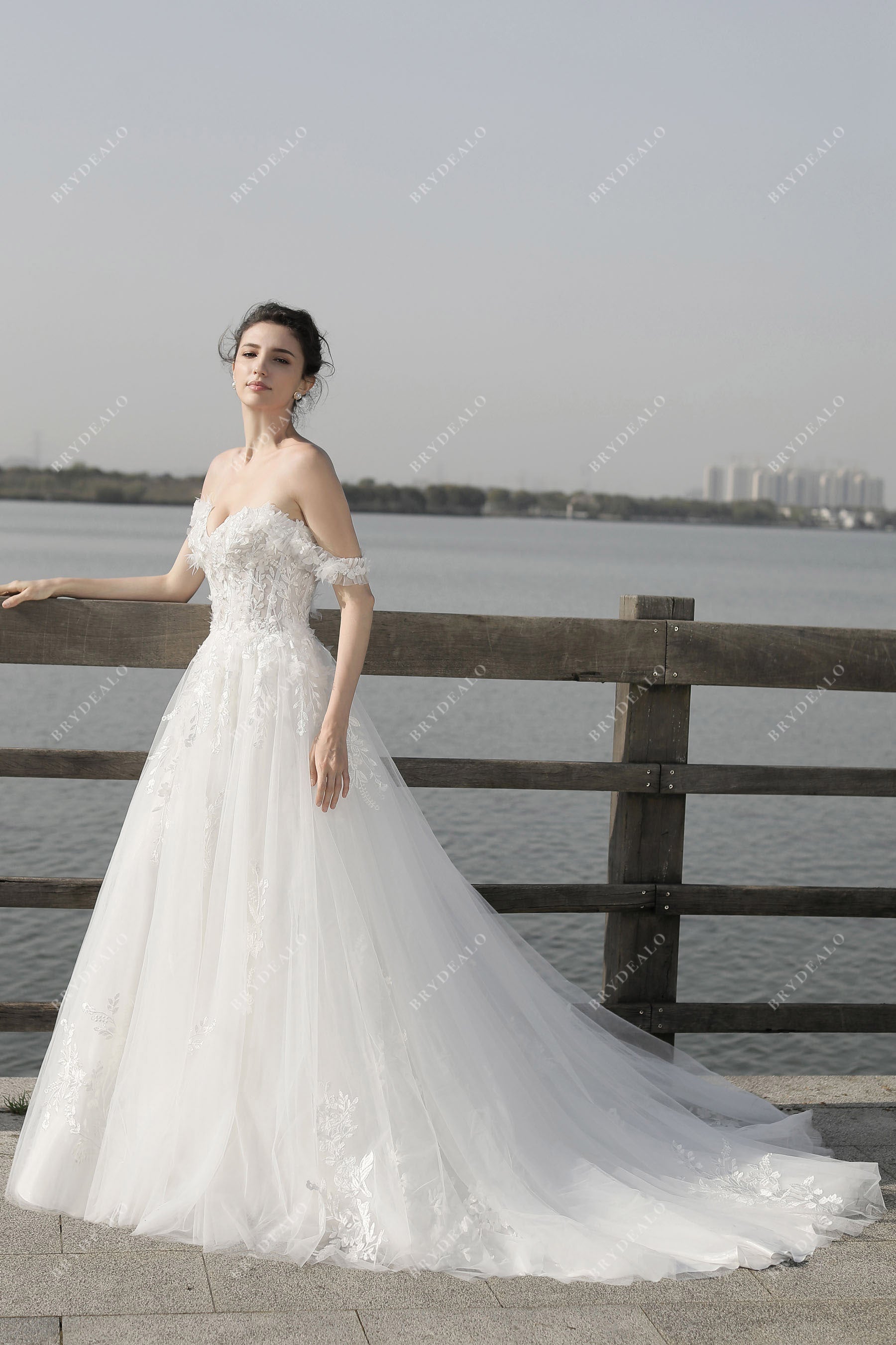off shoulder sweetheart neck long train wedding dress