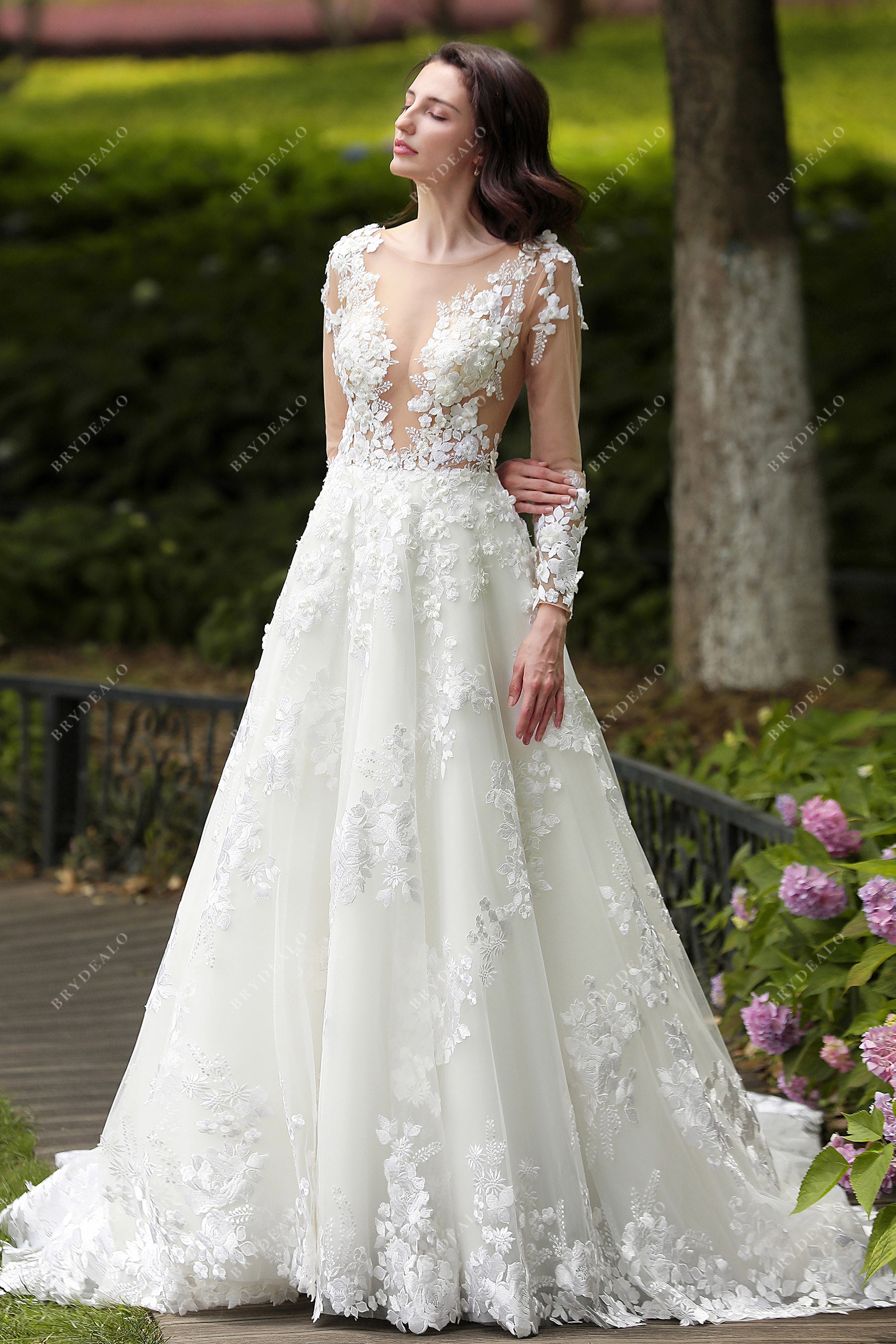 illusion neck long sleeved A-line wedding dress