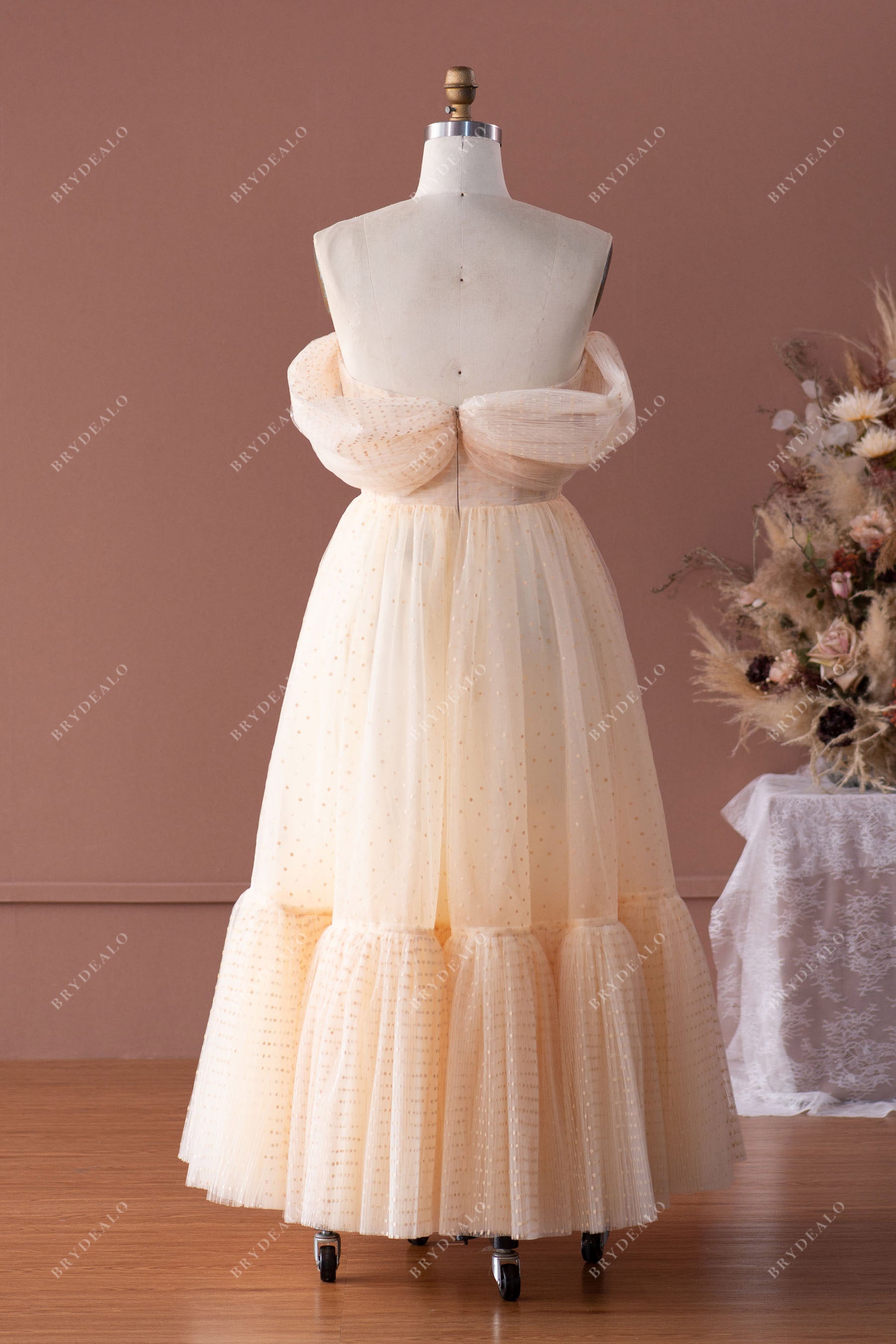 dot lace open back A-line prom dress