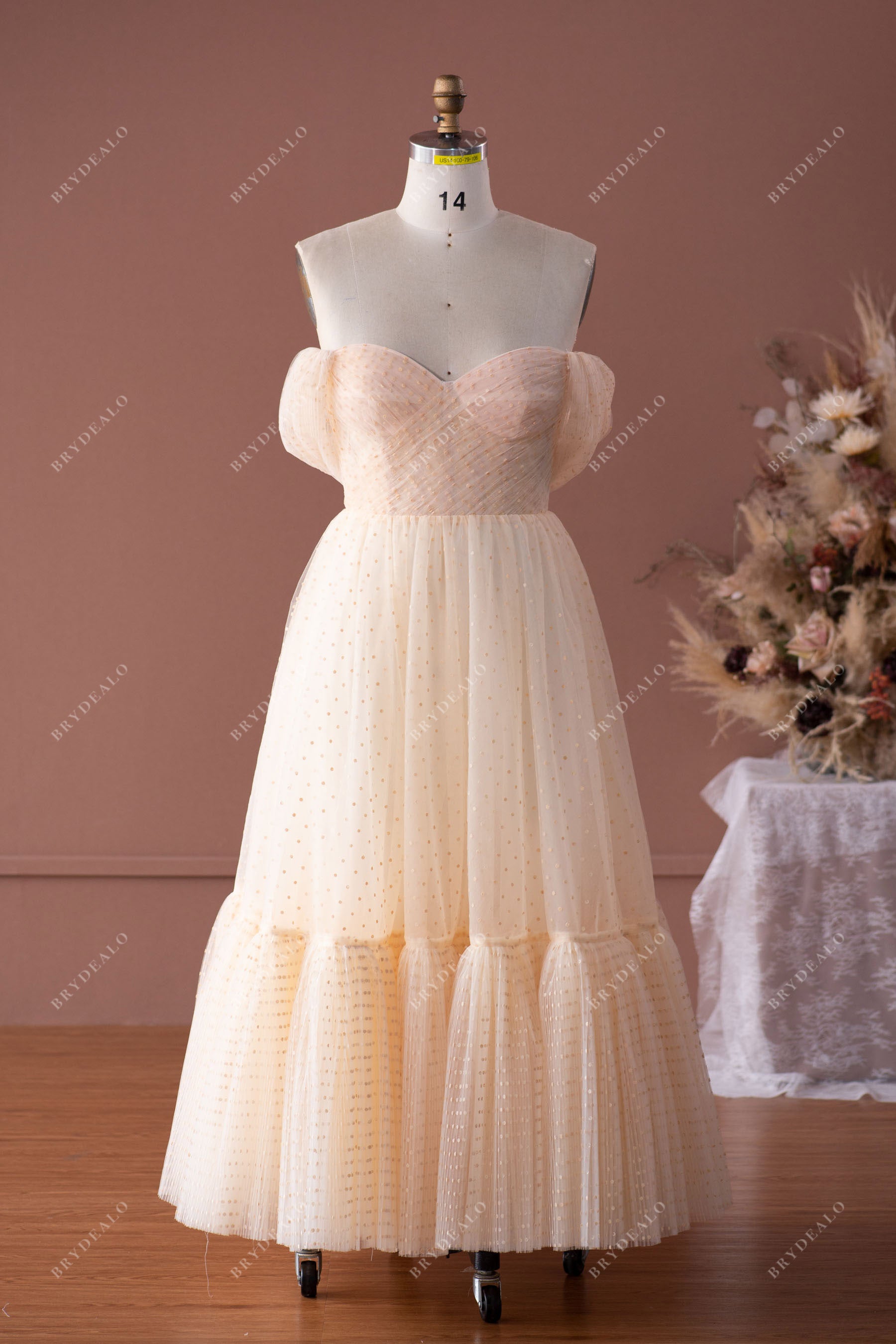 champagne tulle off shoulder prom dress