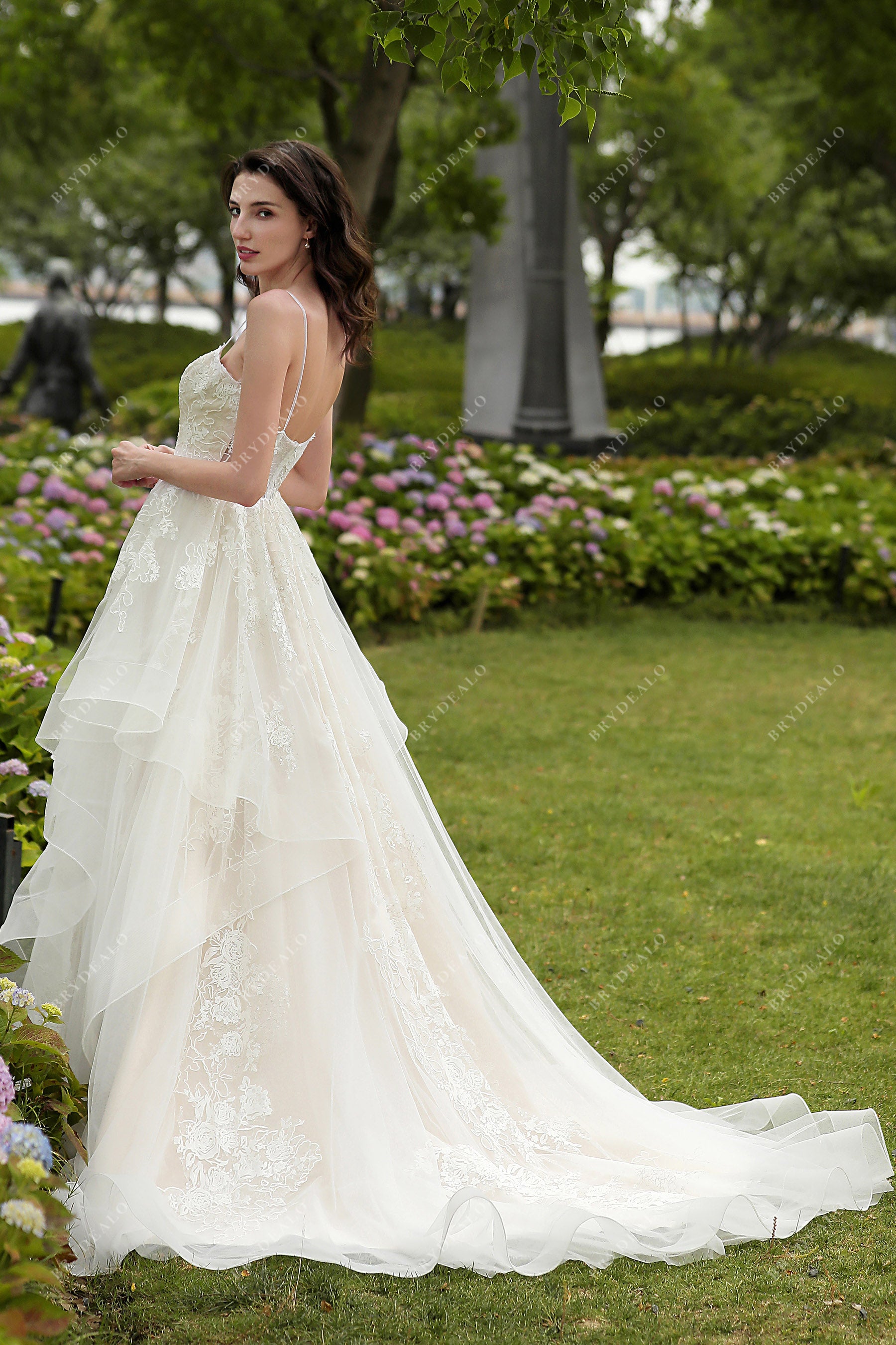 open back tulle long train bridal dress