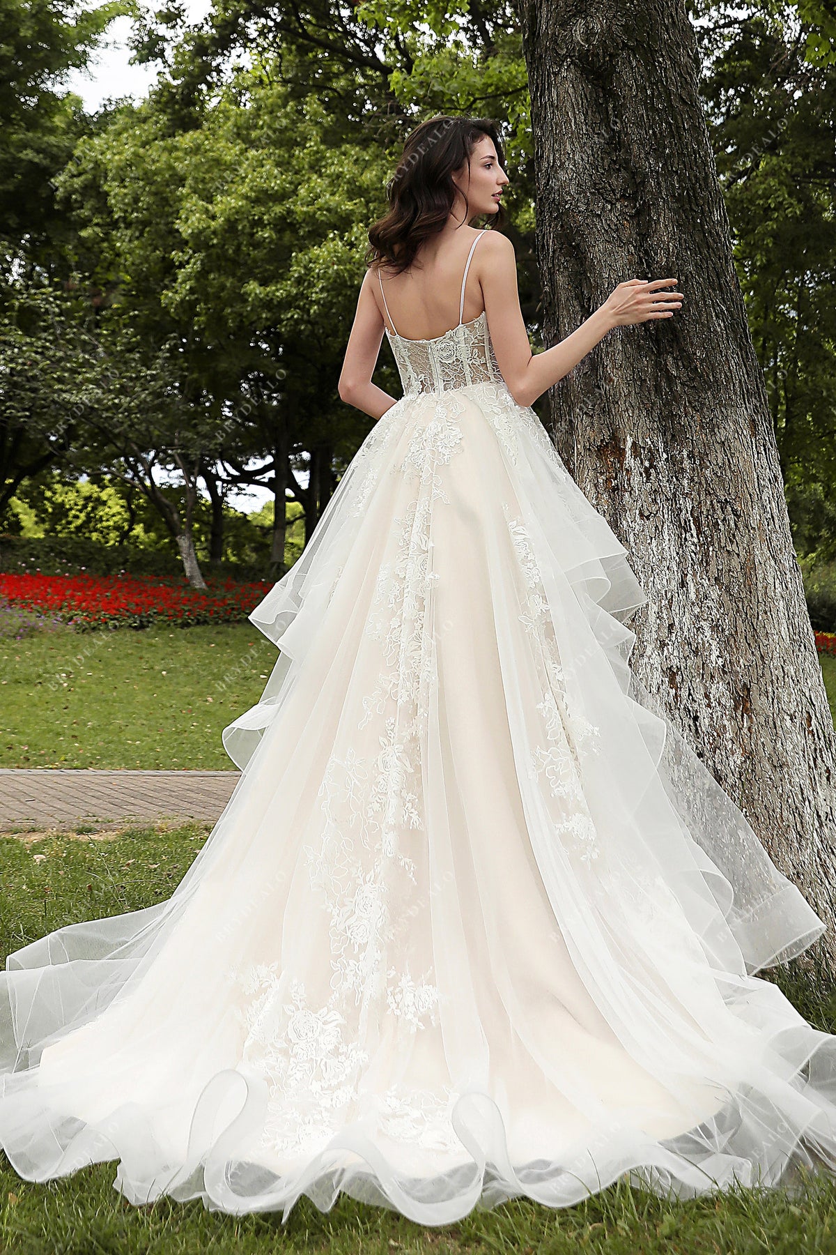 Champagne Romantic Lace Thin Straps Tulle A-line Fall Wedding Dress Brydealo Champagne Romantic Lace Thin Straps Tulle A-line Fall Wedding Dress Brydealo