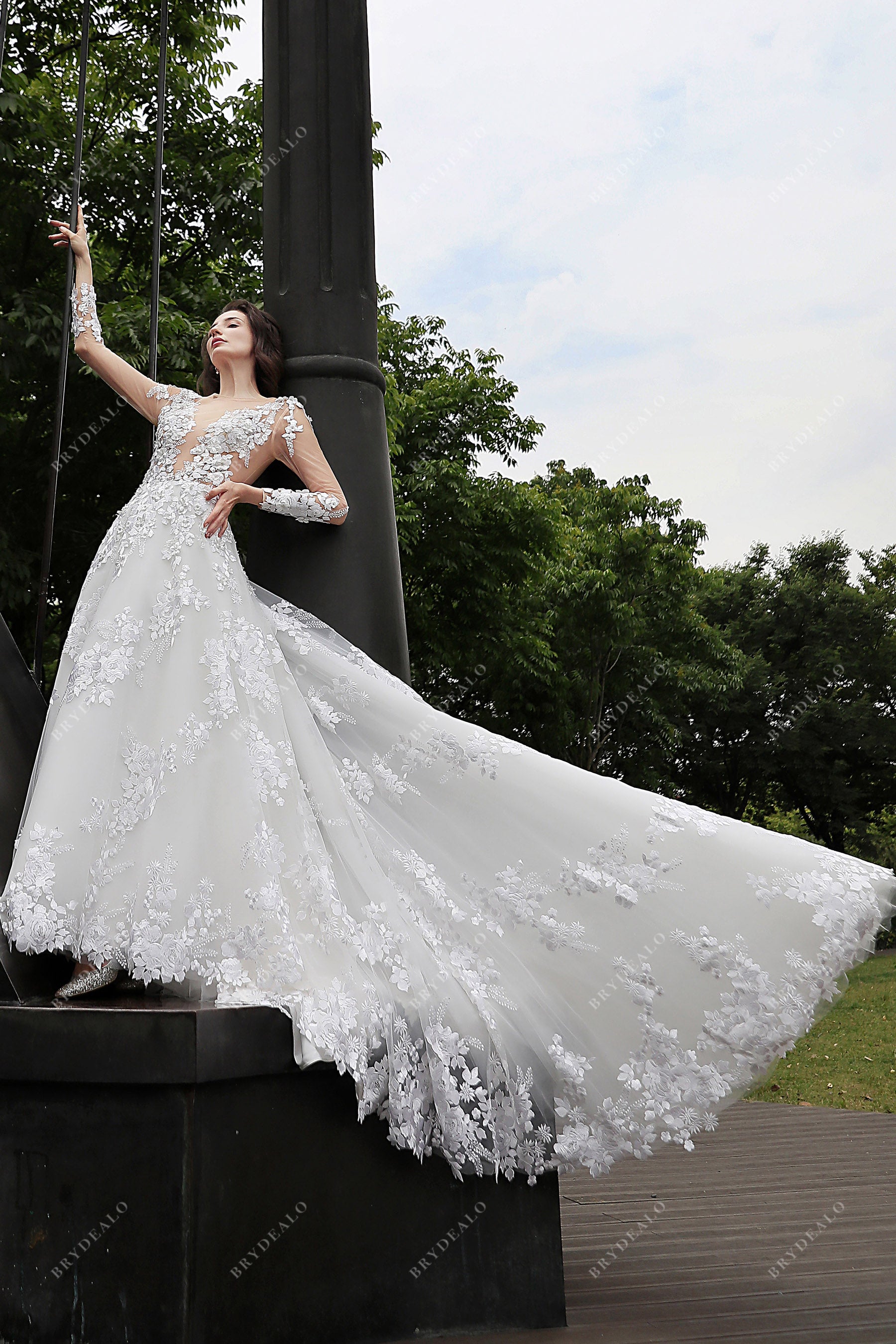 flower lace long train wedding dress