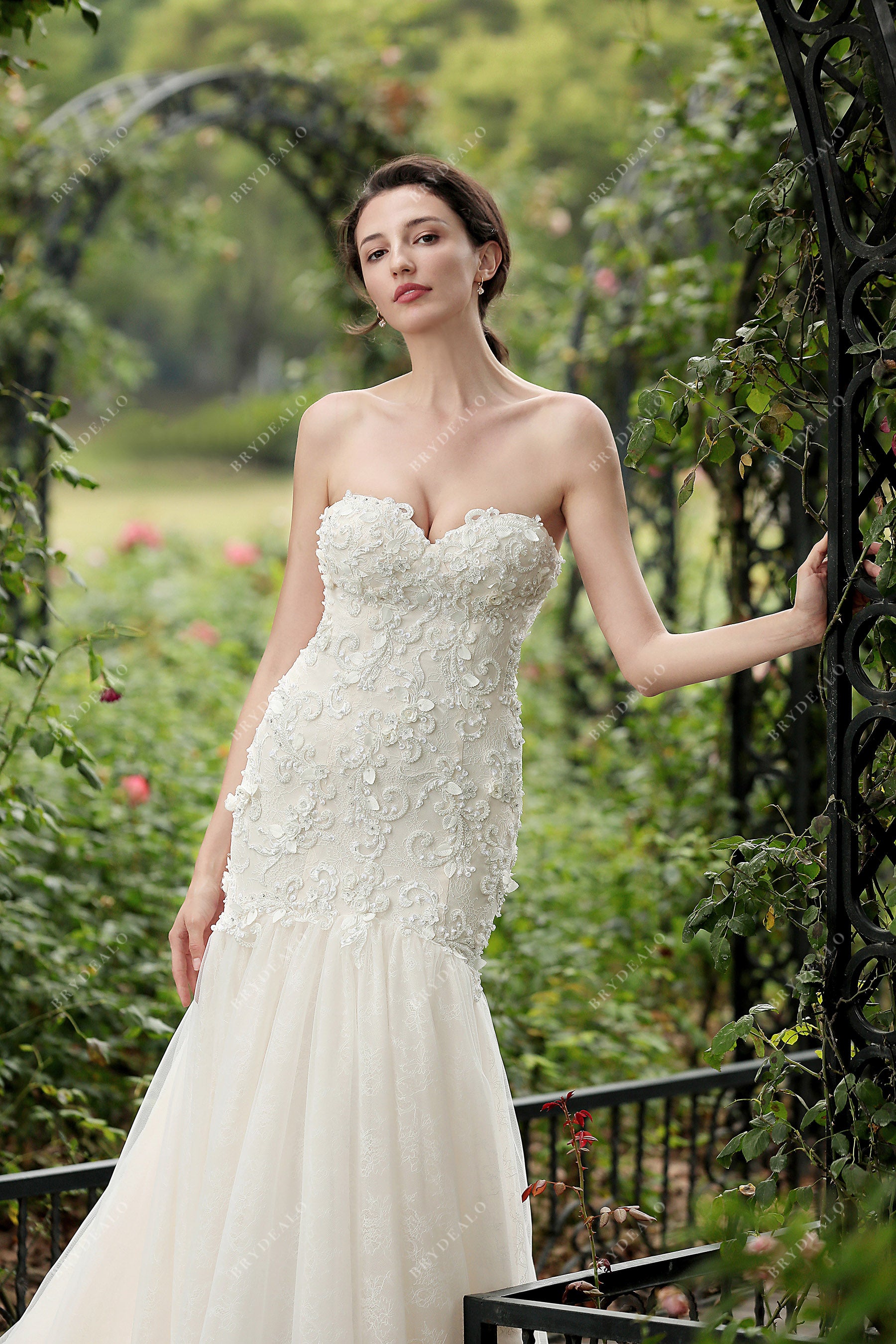 strapless beaded lace mermaid wedding dress