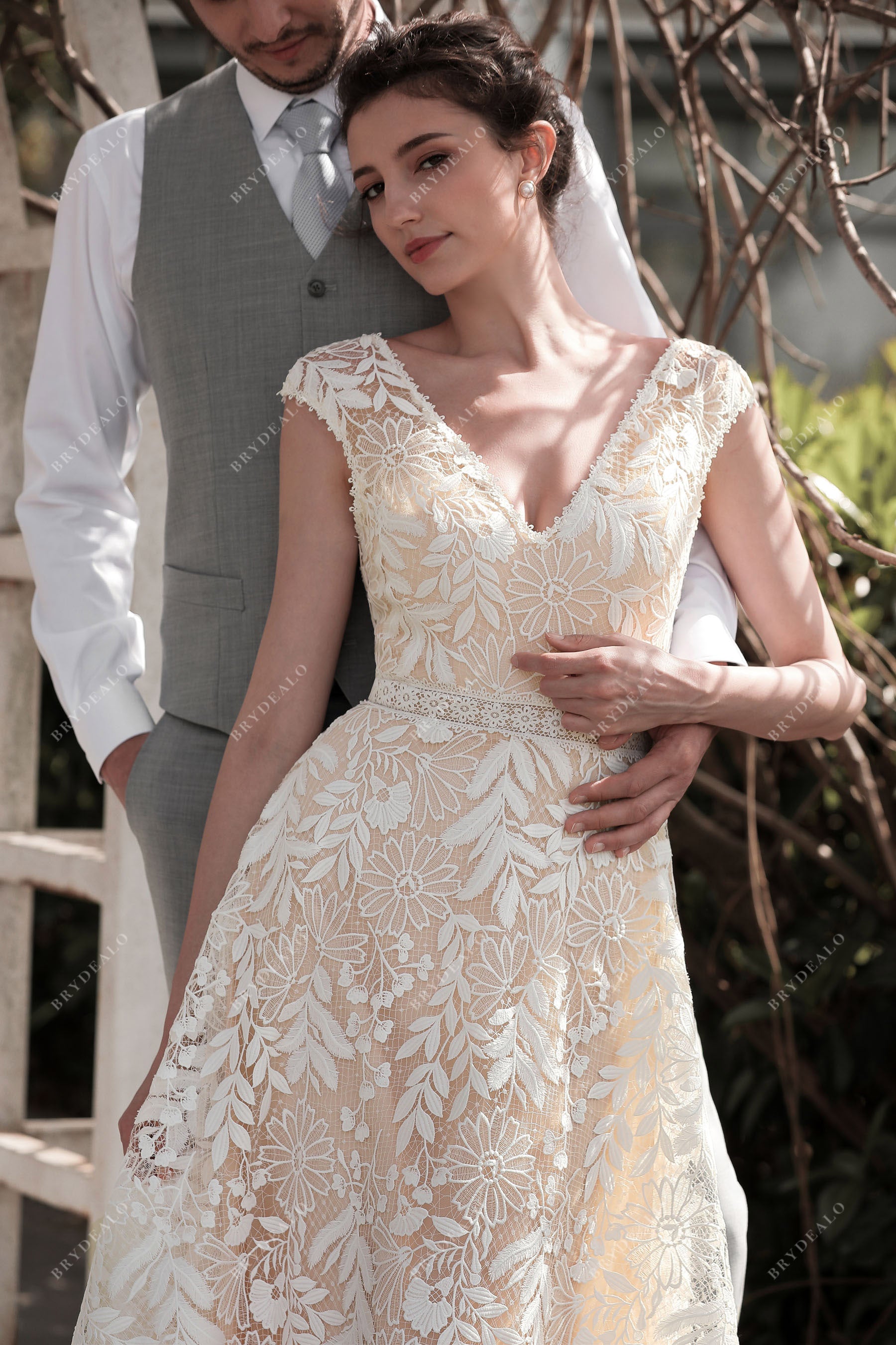 pink nude v-neck lace A-line wedding dress