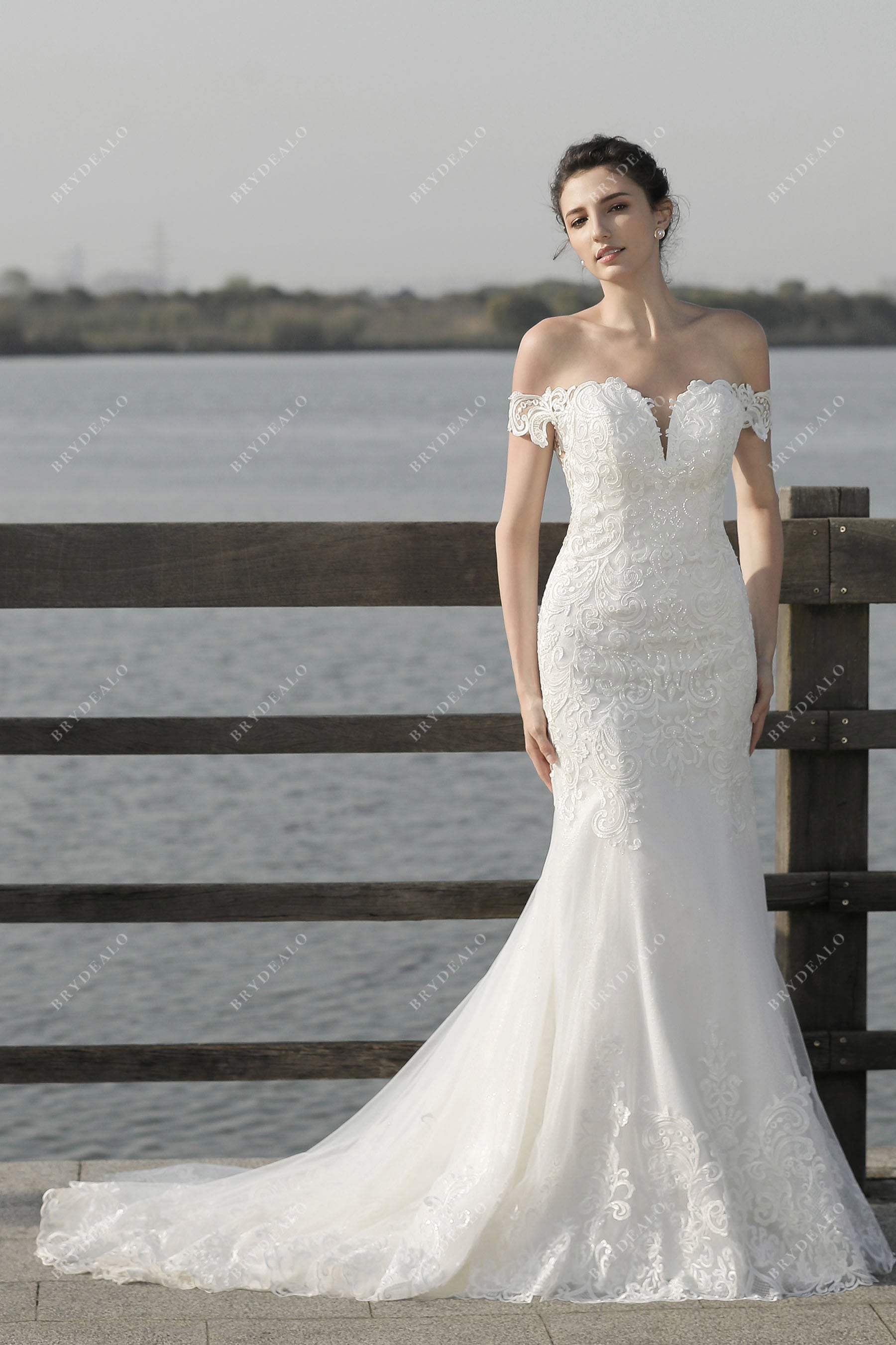 off shoulder lace beaded mermaid wedding dress