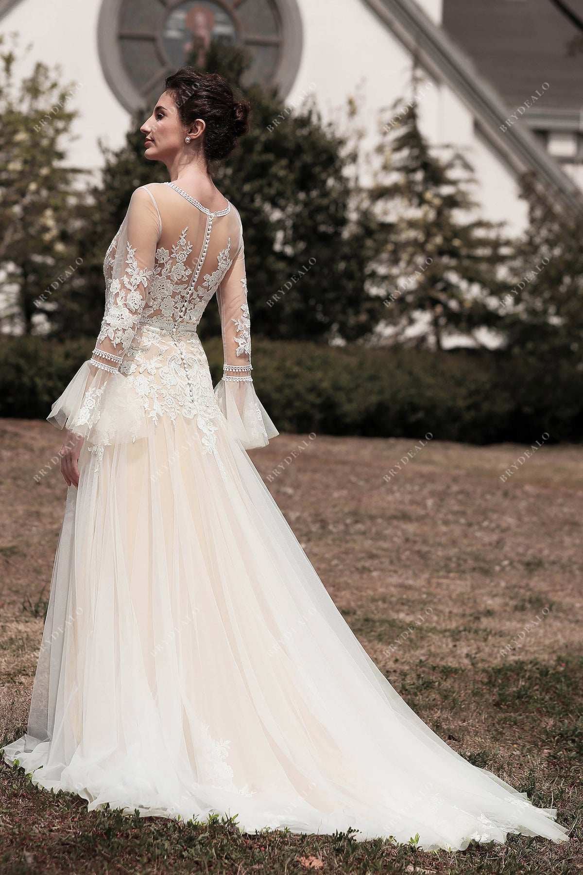 Romantic Bell Sleeve Boho Lace Slit Fit and Flare Wedding Dress