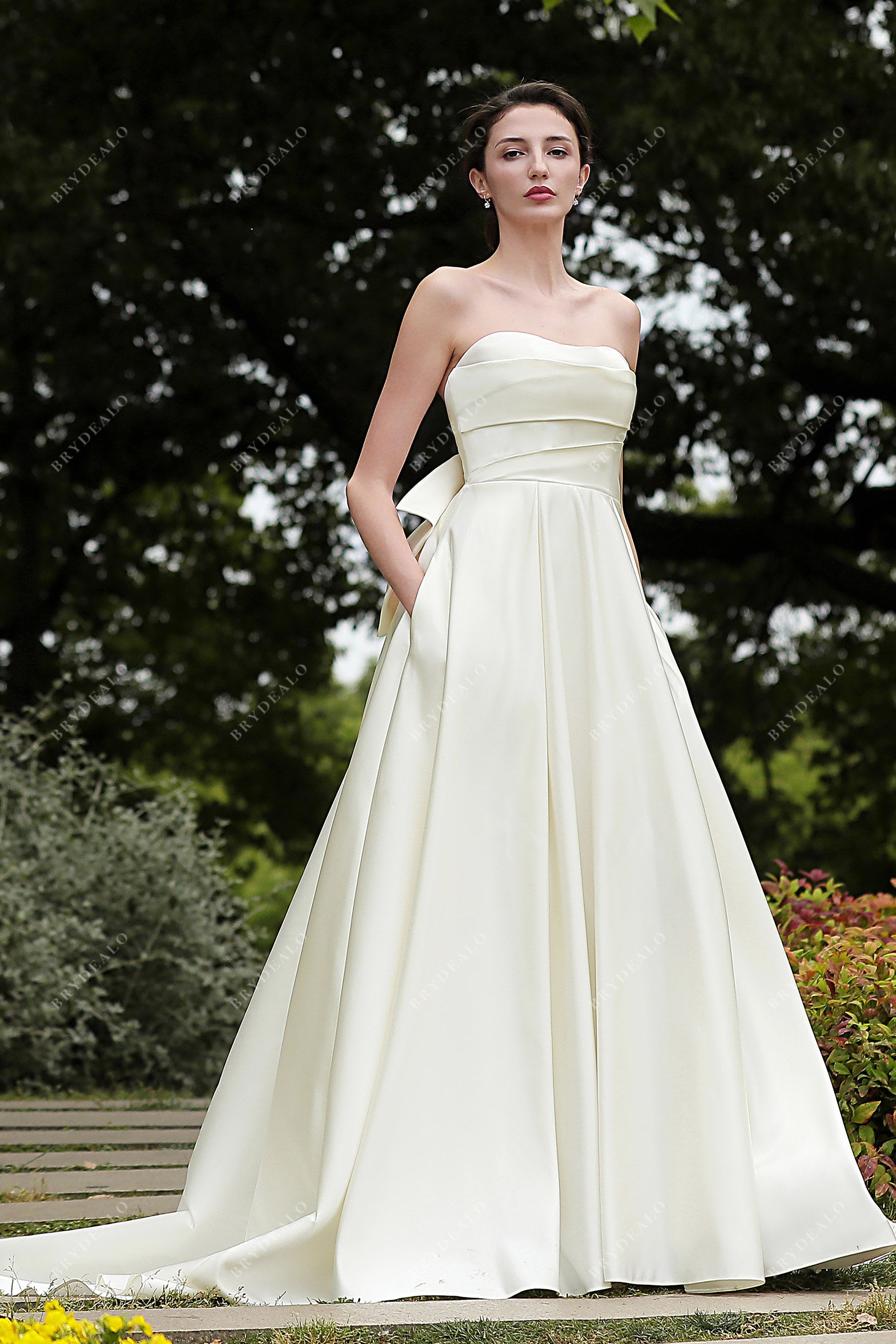 strapless satin pleated A-line wedding dress