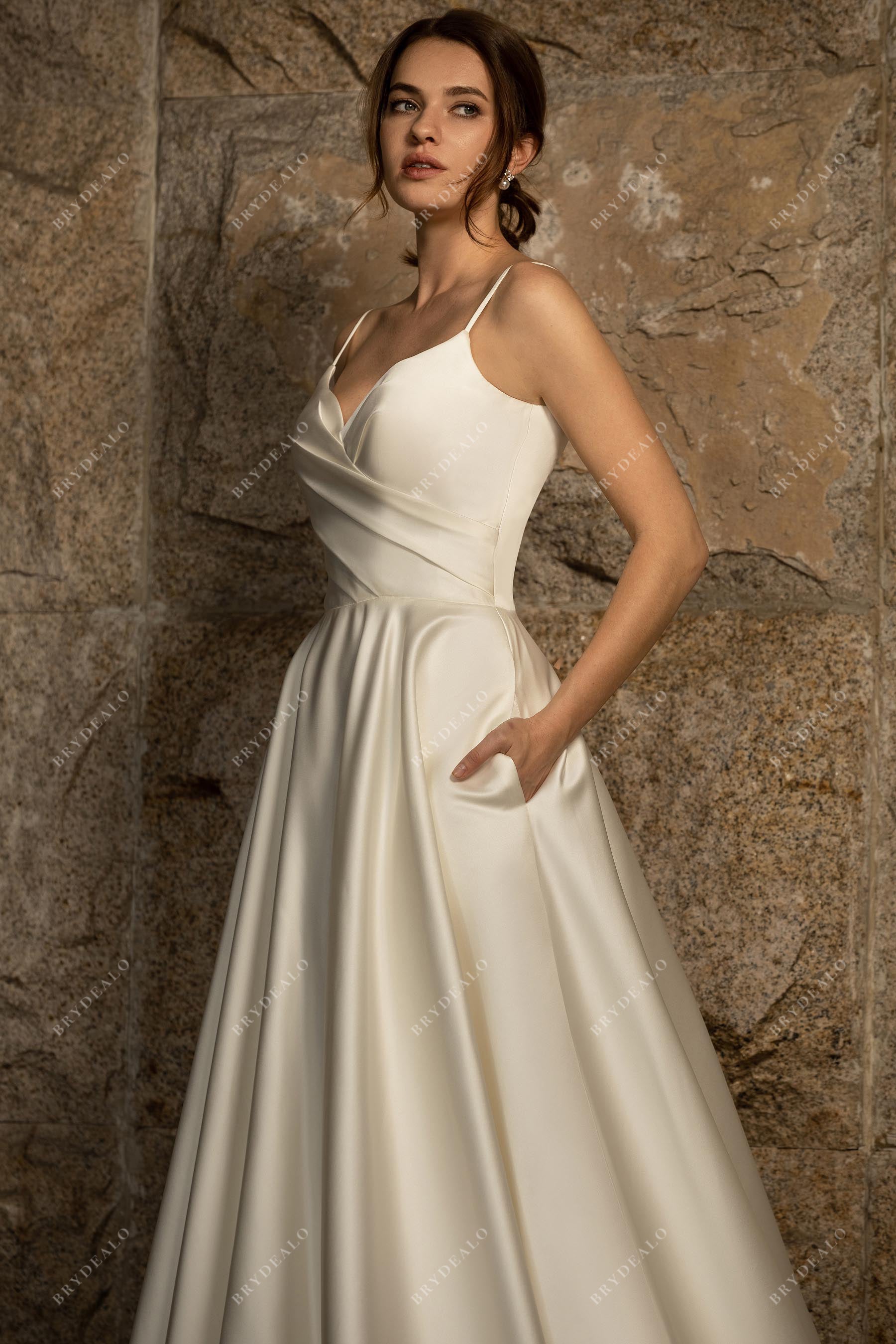 pleated satin pockets bridal dress