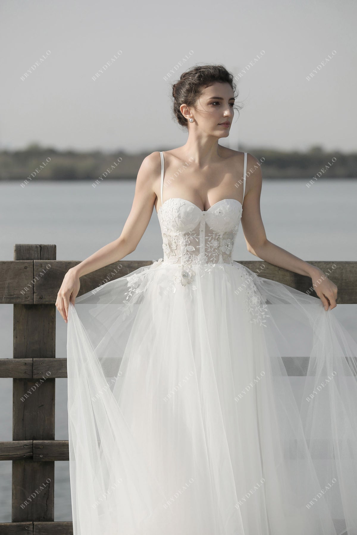 Flower Lace Illusion Spaghetti Strap A-Line Wedding Dress  Brydealo