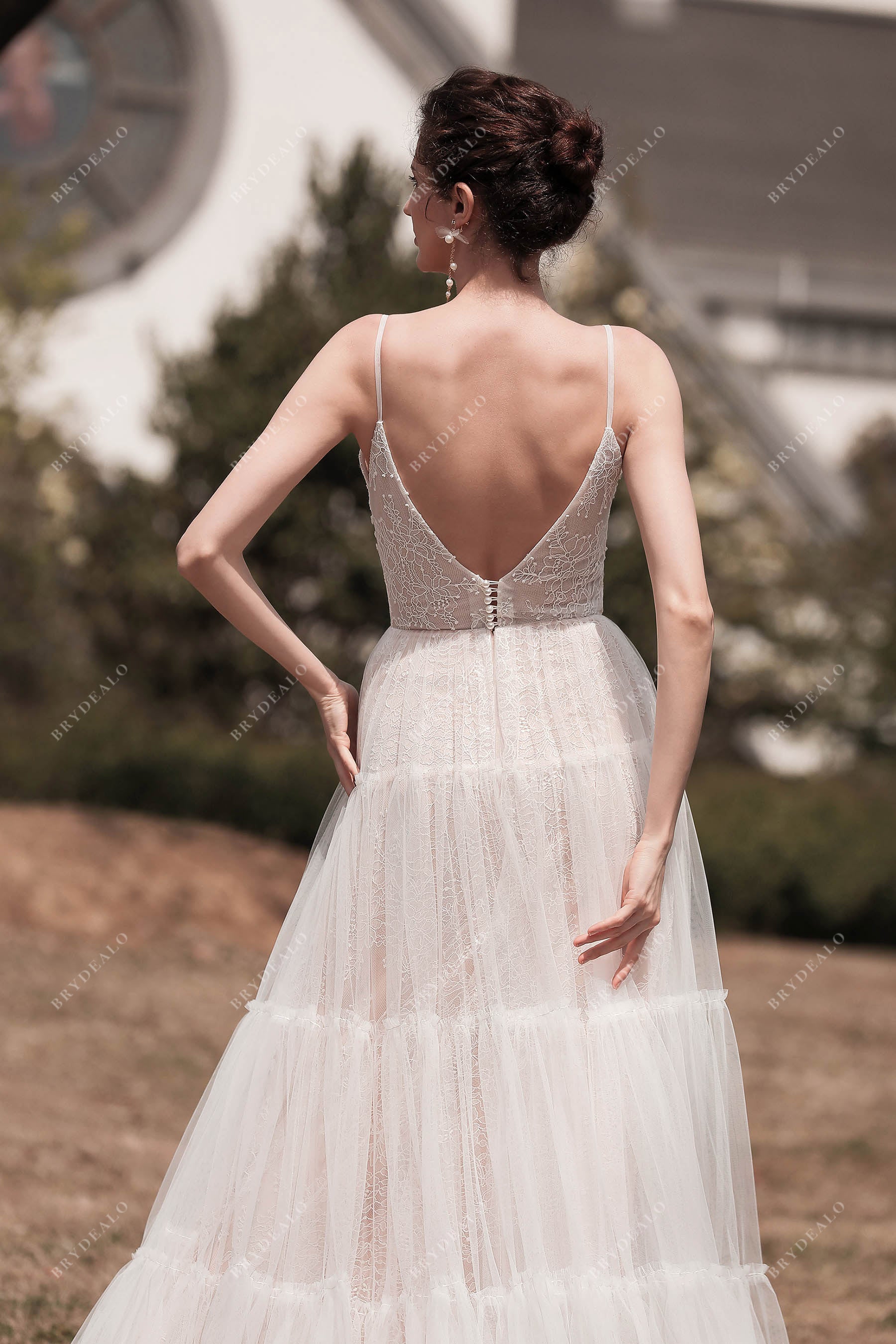 Thin straps open back pink wedding dress