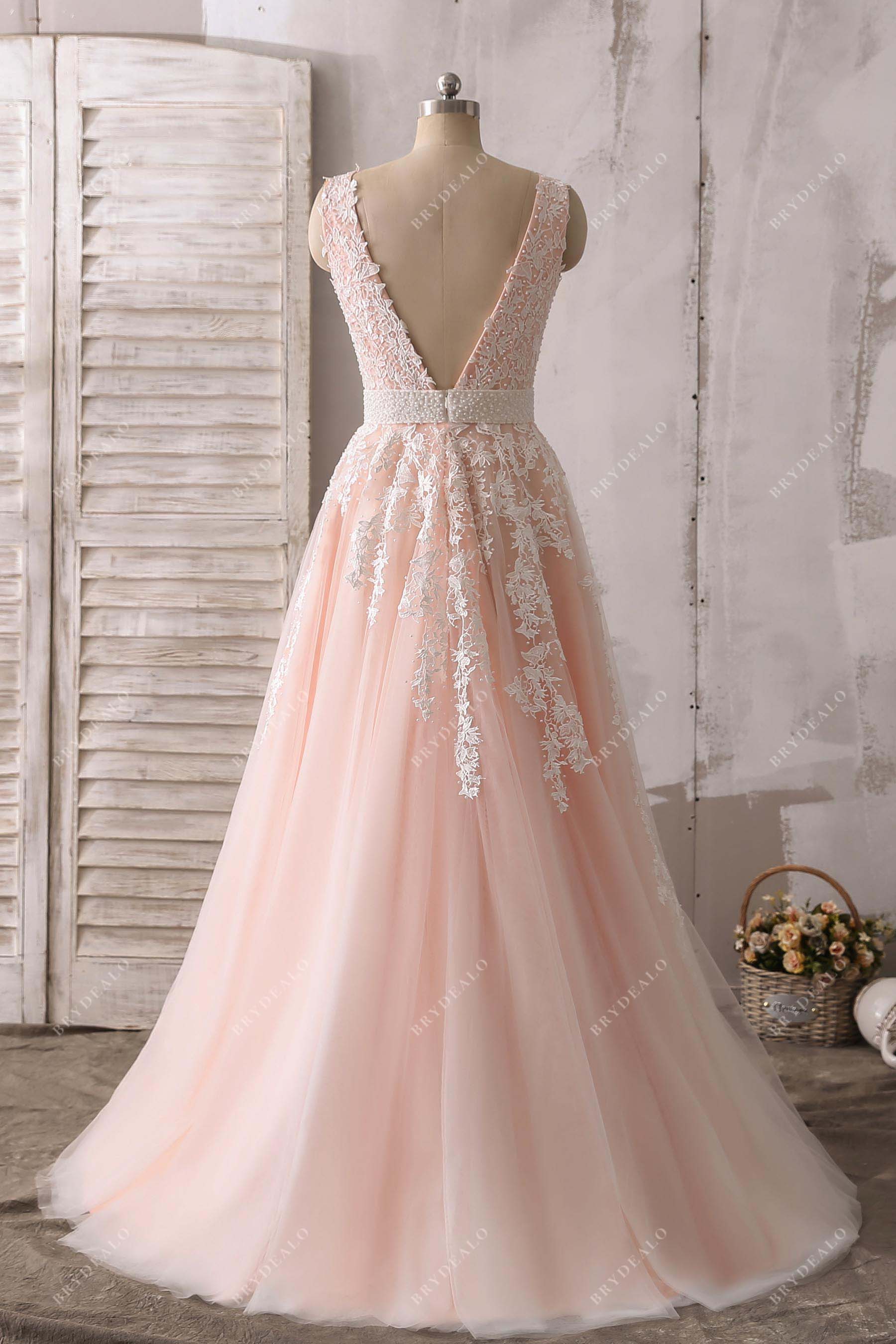 open v-back lace tulle prom dress