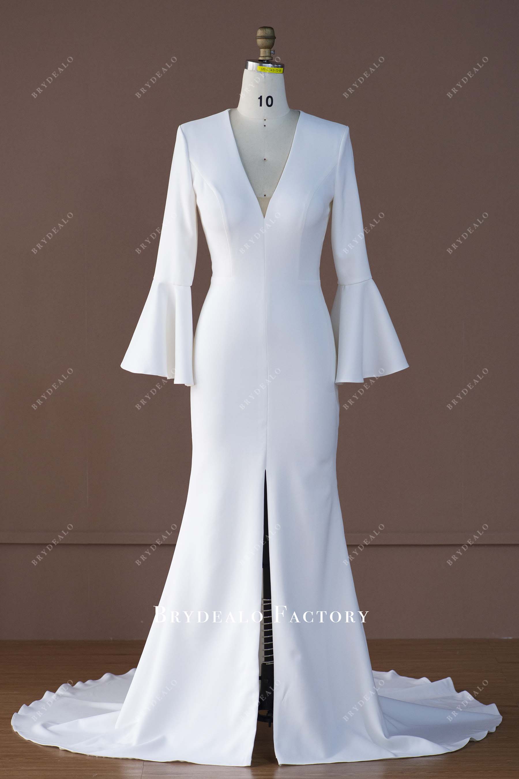 V-neck crepe slit mermaid wedding dress
