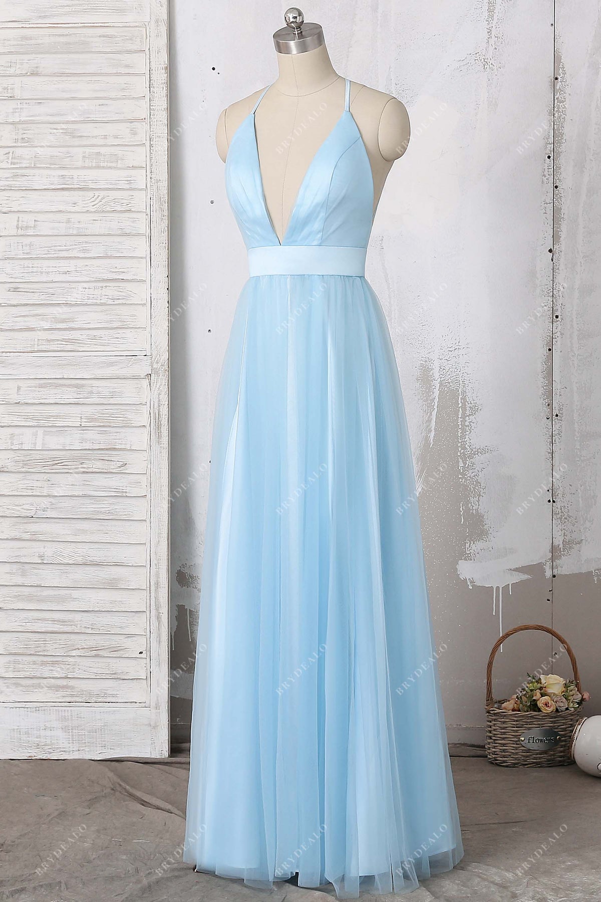 Dreamy Sky Blue Strapless Sleeveless Tulle Prom Dresses A-Line With Pleats