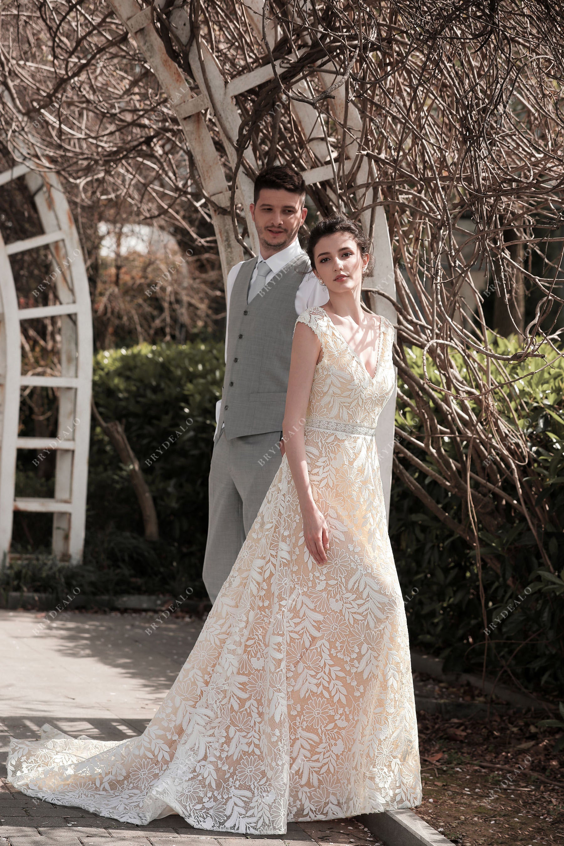 cap sleeves lace long train wedding dress