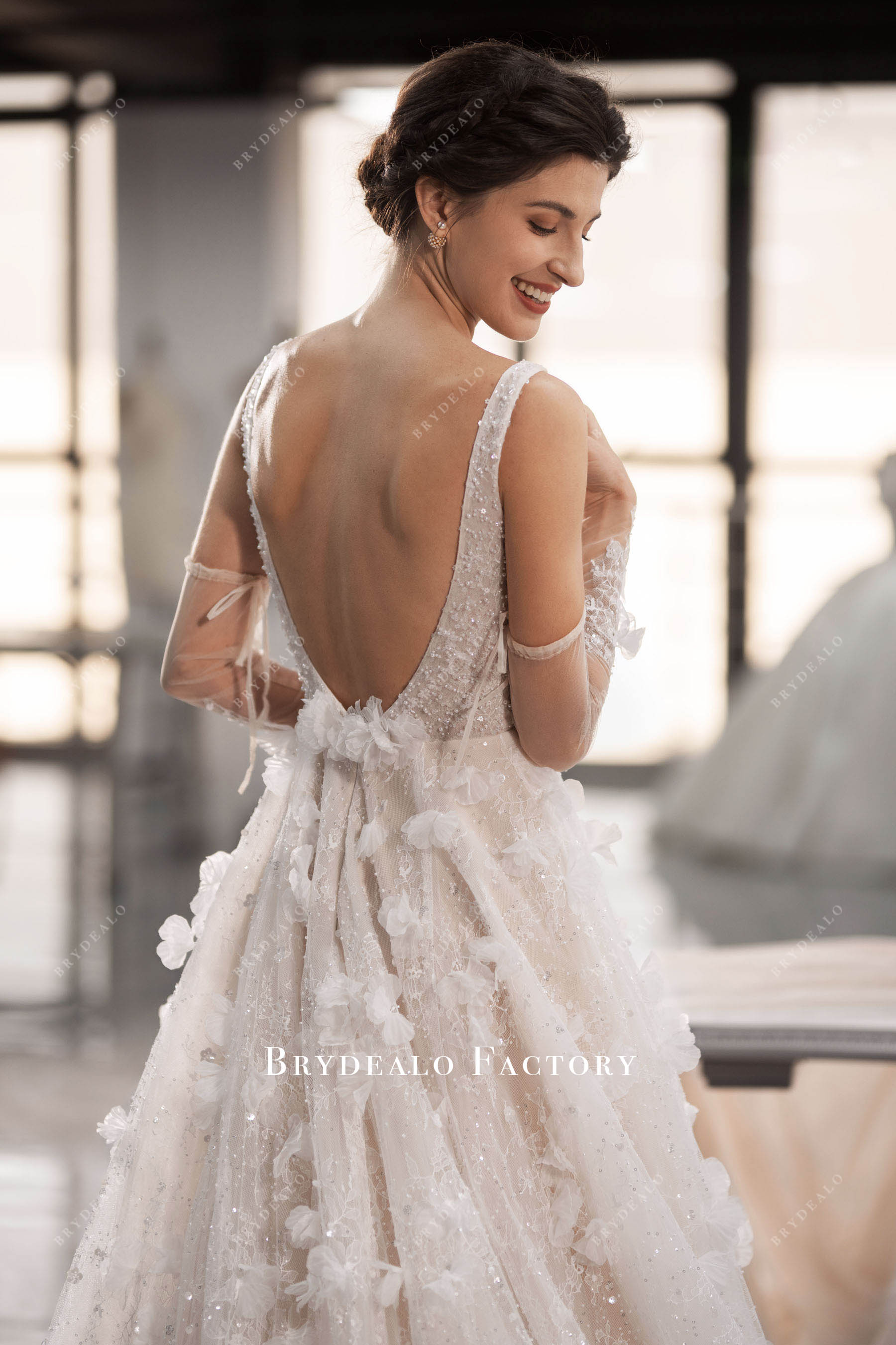 open back flower wedding dress