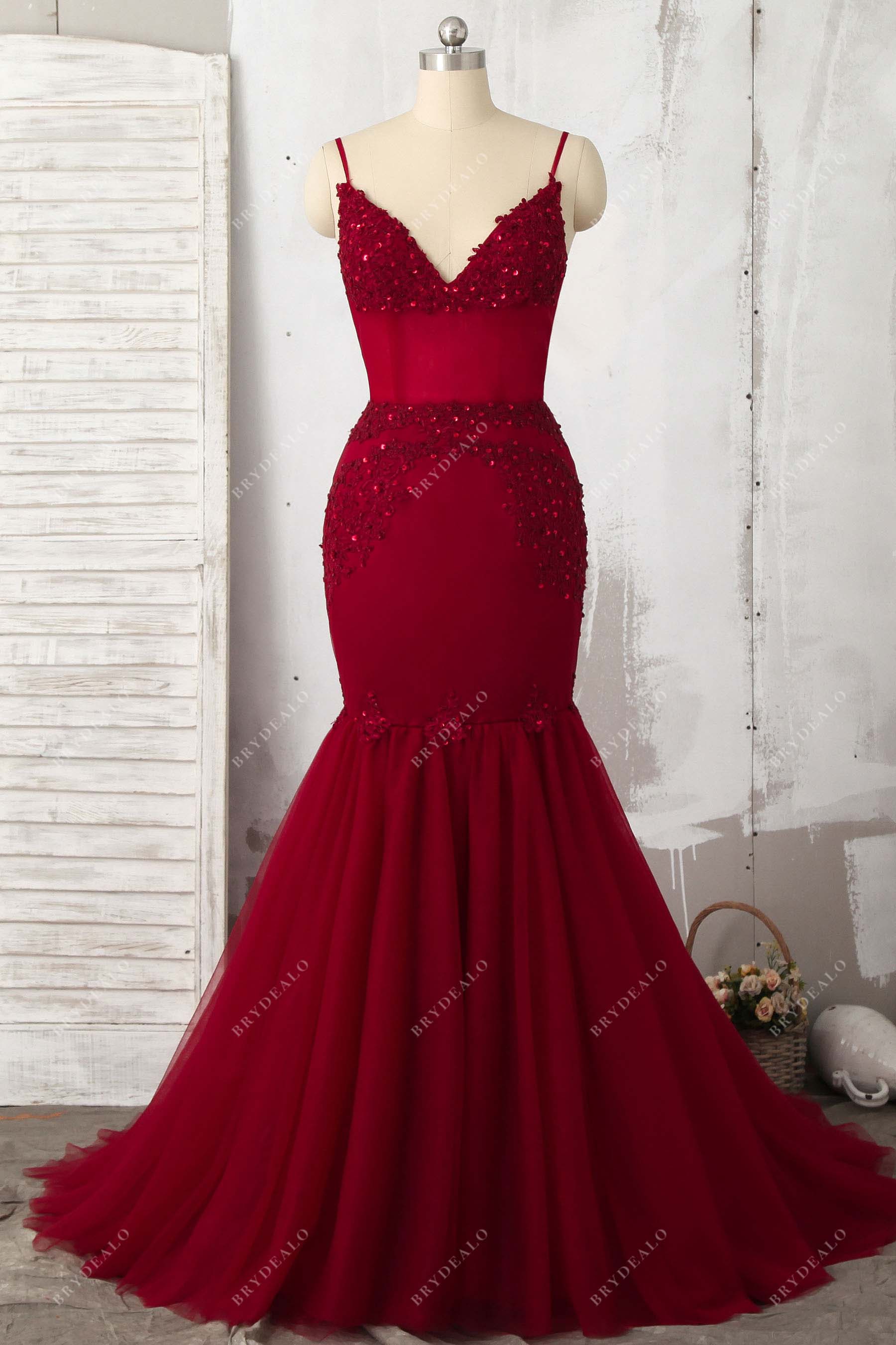 burgundy sequin thin straps mermaid prom dress