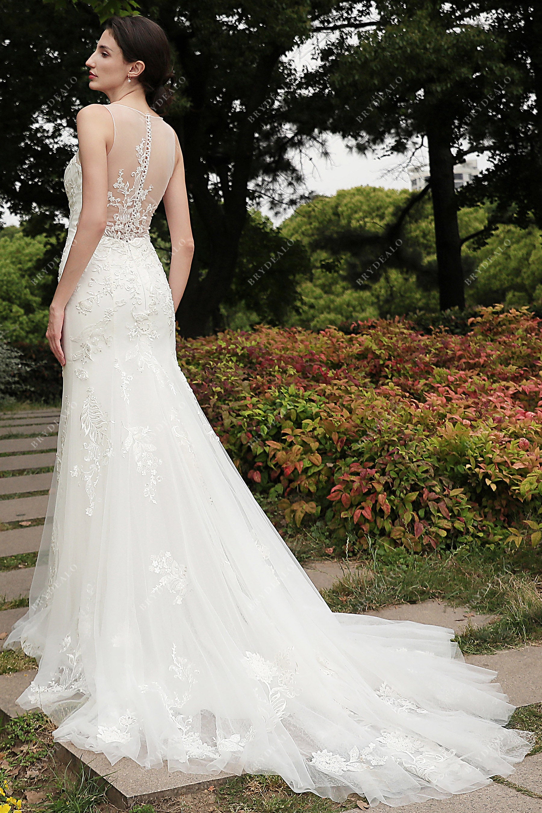illusion back long train wedding dress