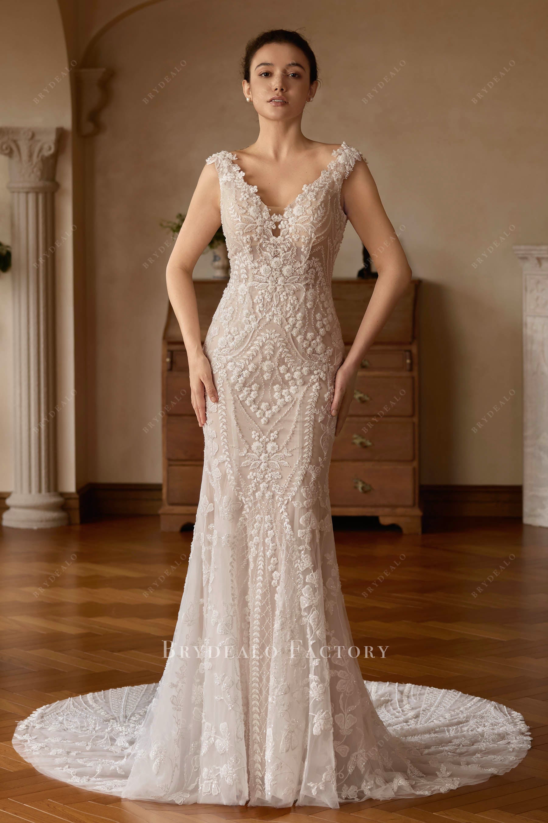 beaded lace plunging neck wedding dress