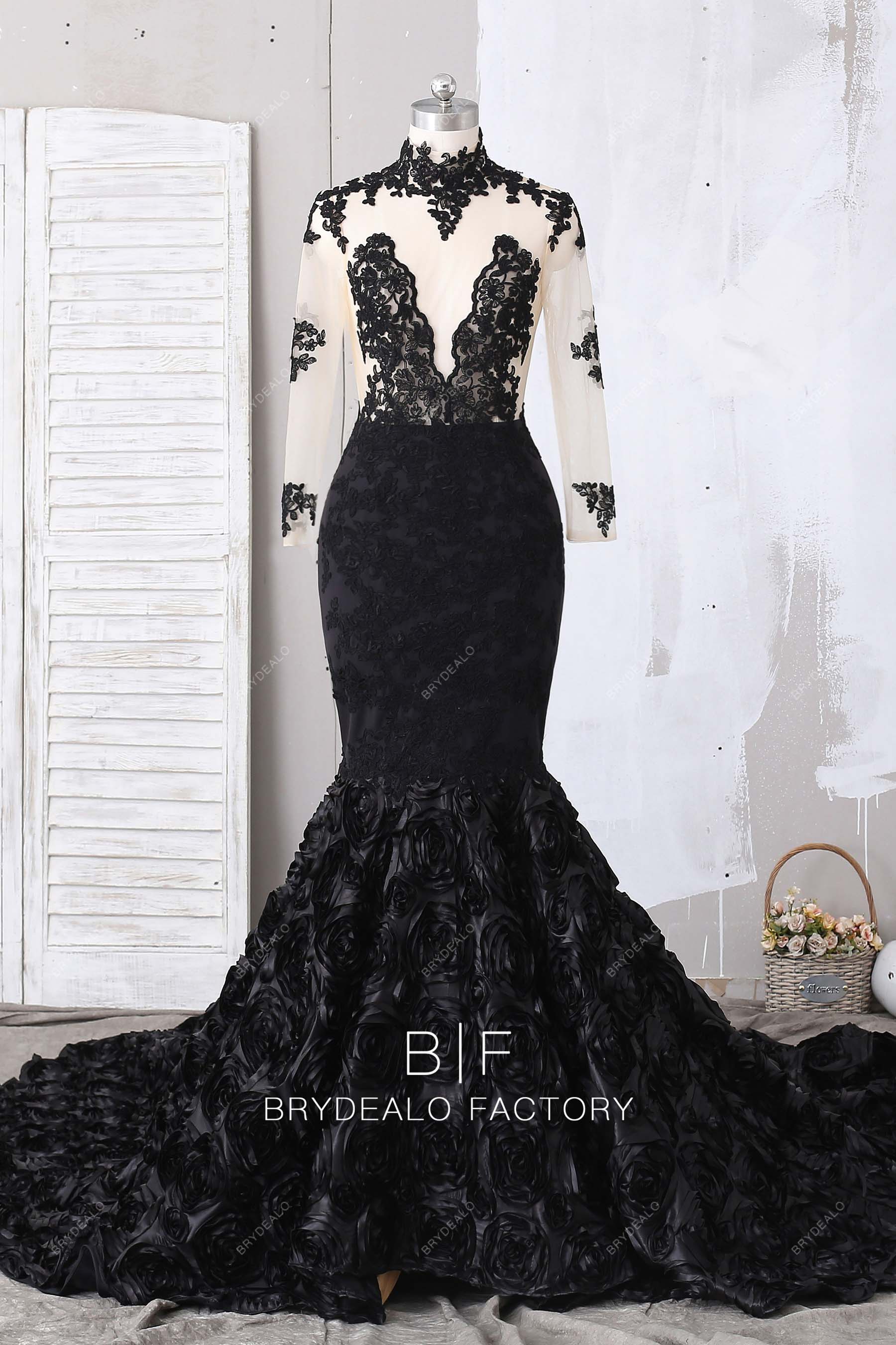 high neck long sleeve 3d roses trumpet prom dress