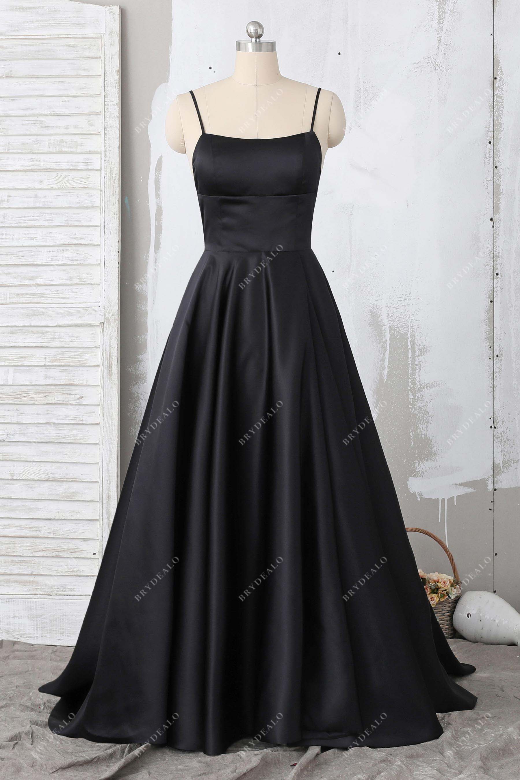 thin straps black satin A-line prom dress
