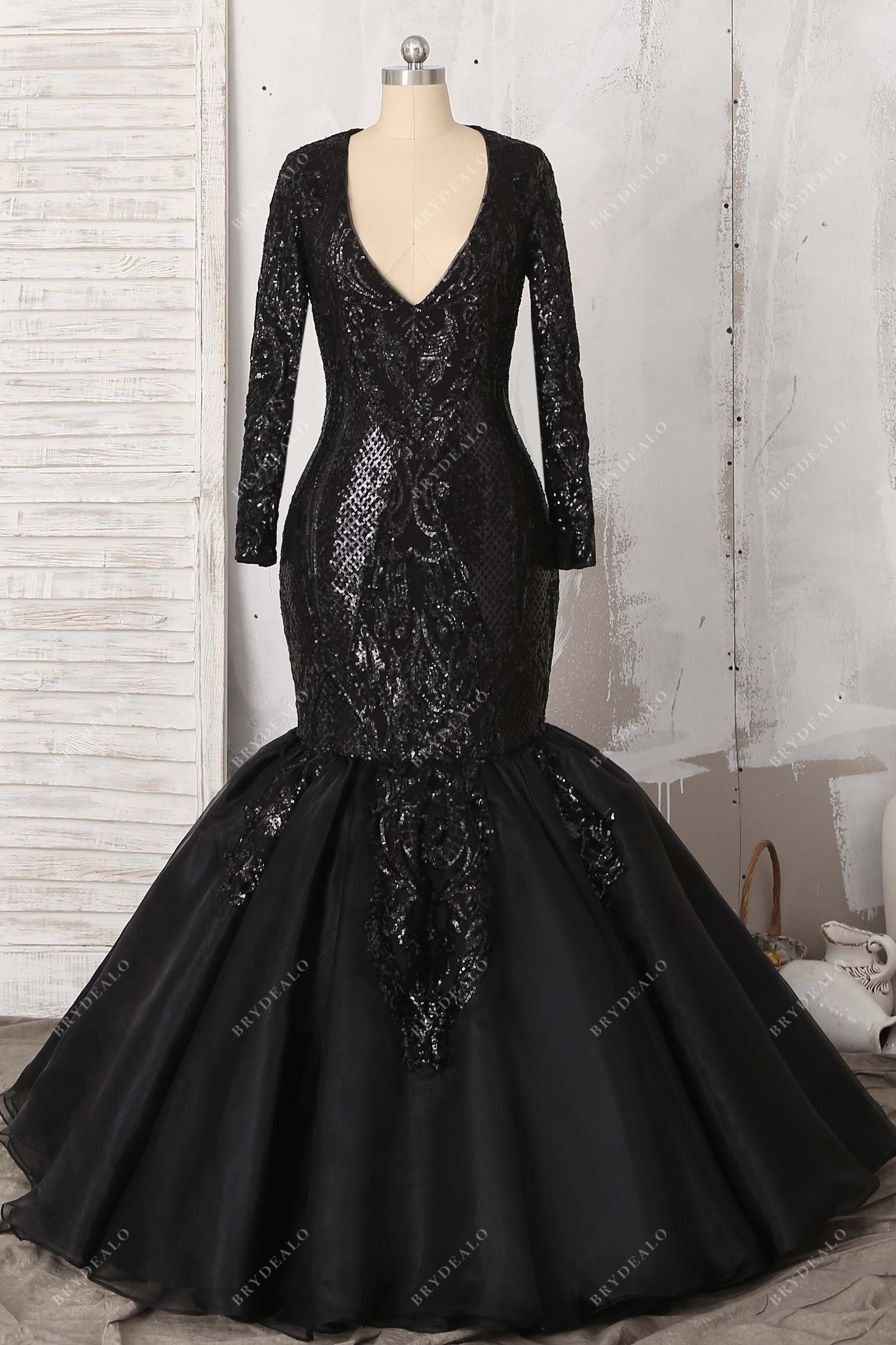 plunging neck long sleeve sequin mermaid prom dress