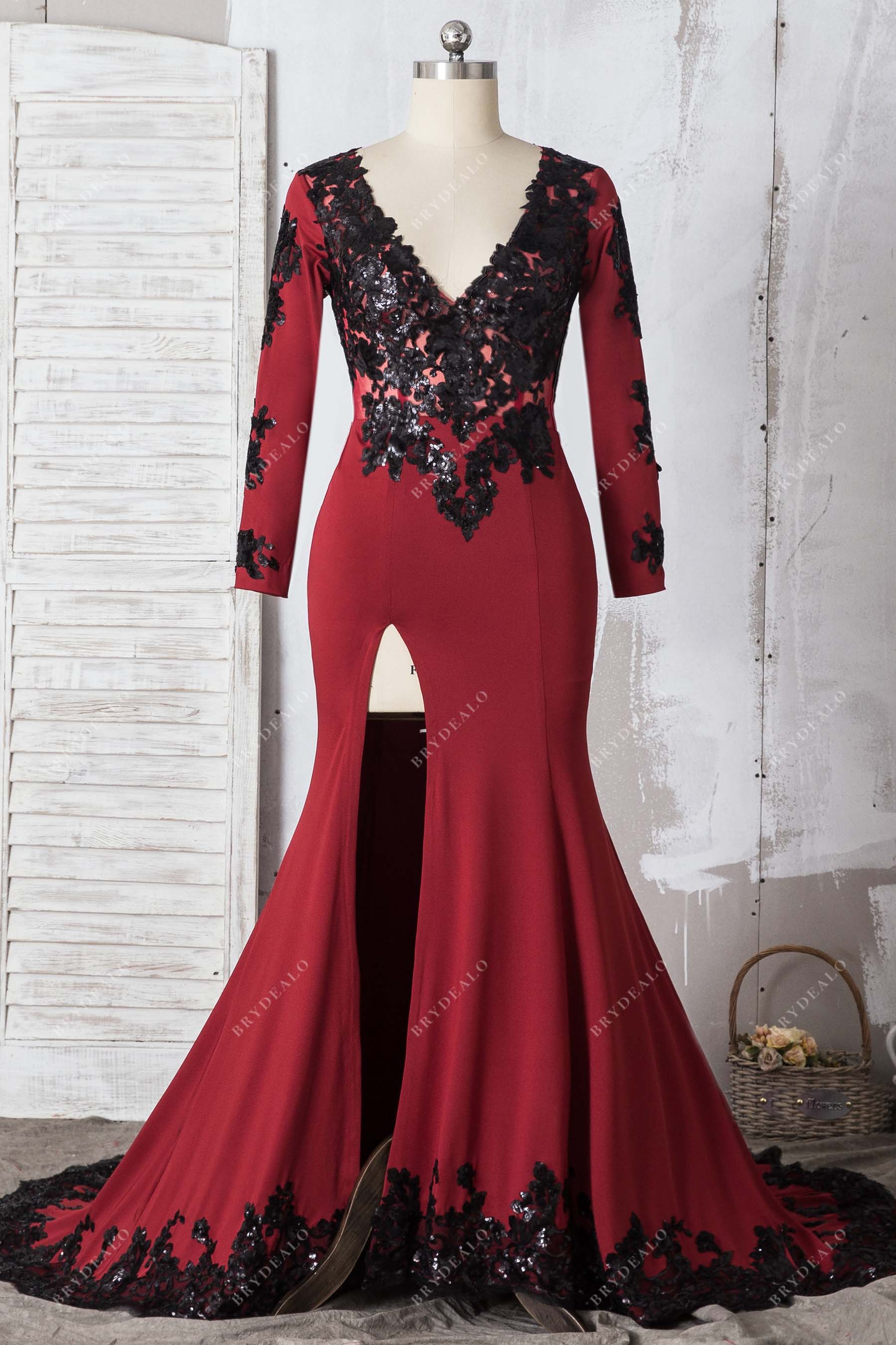 v-neck long sleeves slit prom dress