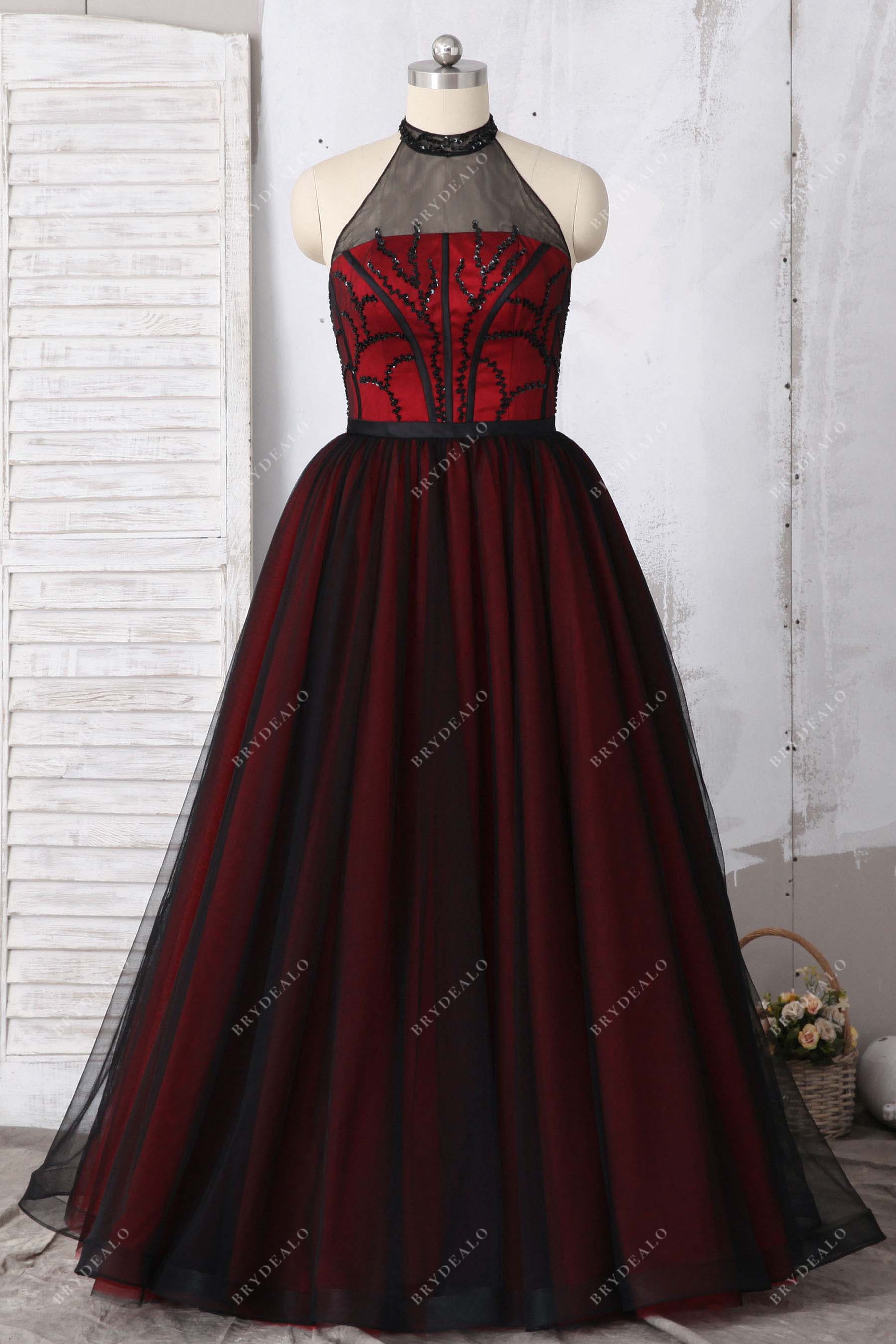 halter sleeveless tulle prom gown