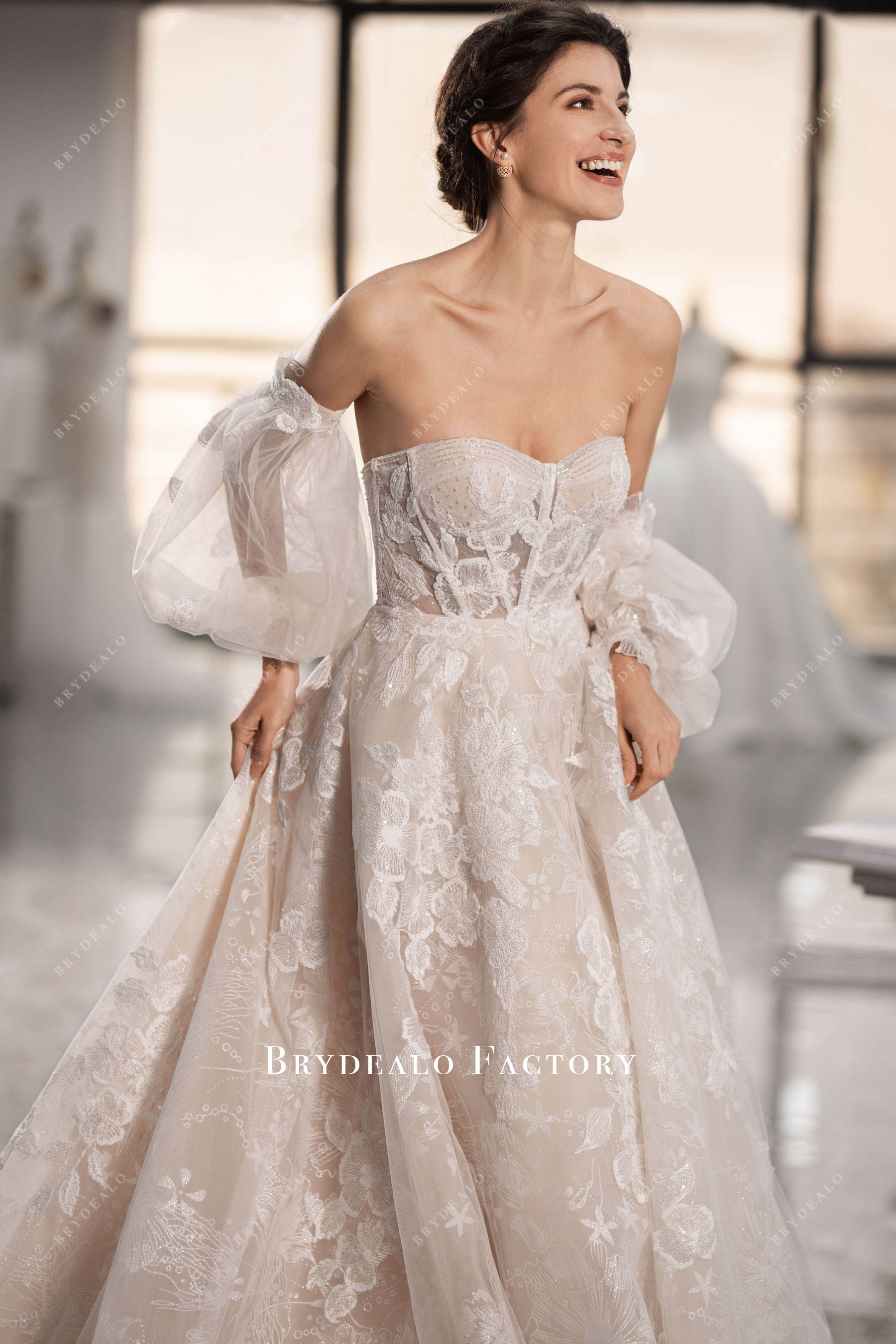 bubble sleeves beaded strapless sweetheart neck wedding gown