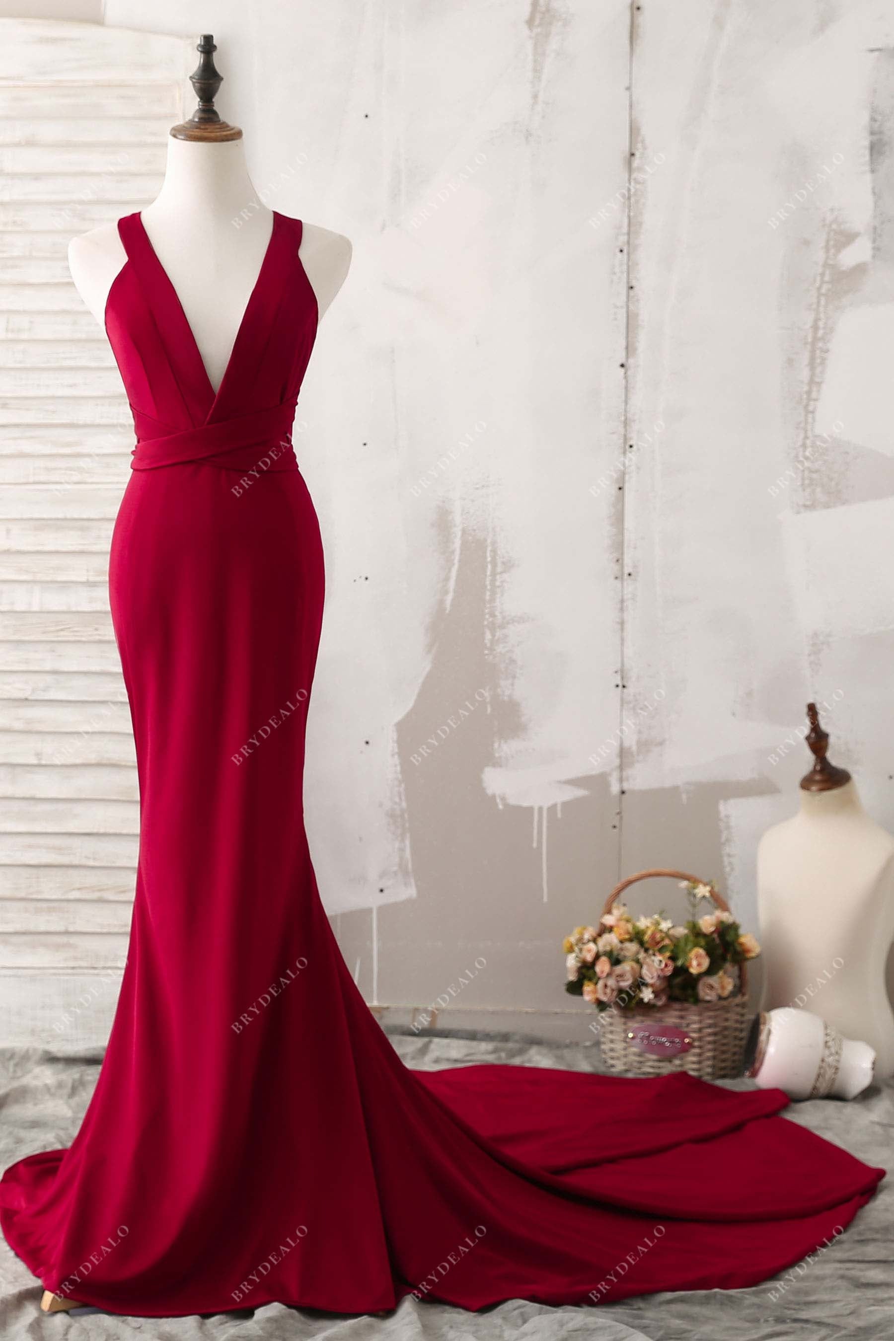 burgundy jersey plunging neck mermaid prom dress