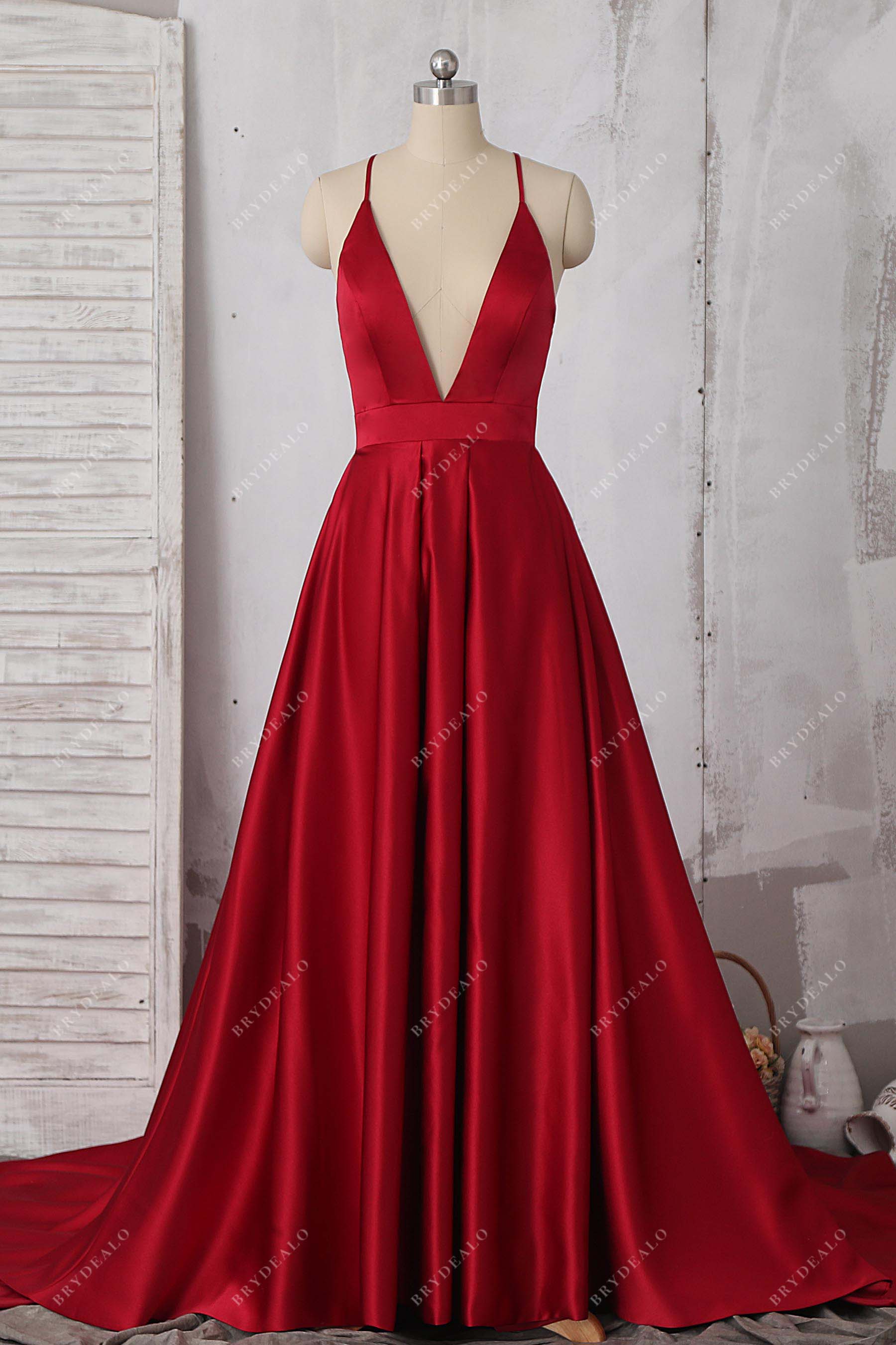 plunging neck satin A-line prom dress