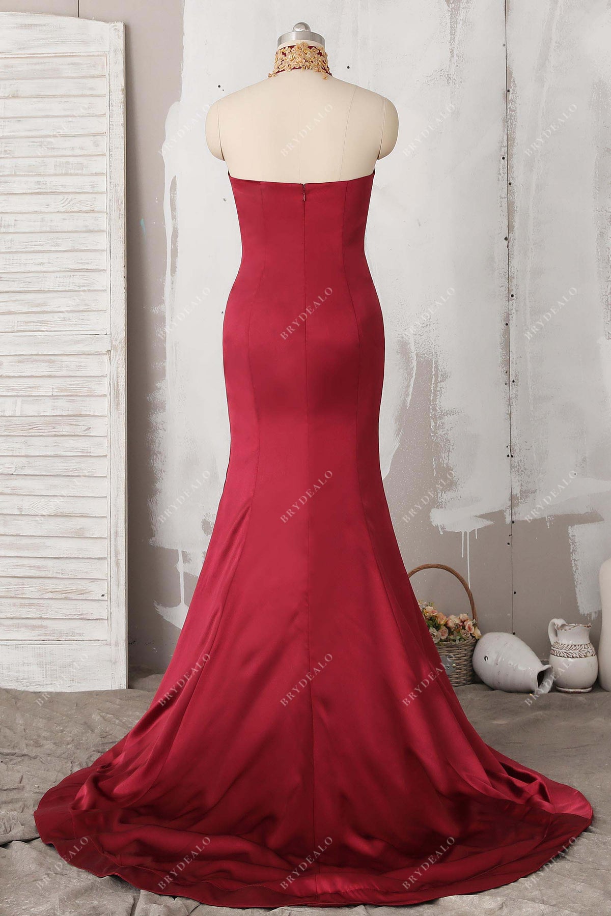 Gold Lace Burgundy Satin Choker Mermaid Dress Brydealo Gold Lace Burgundy Satin Choker Mermaid Dress Brydealo