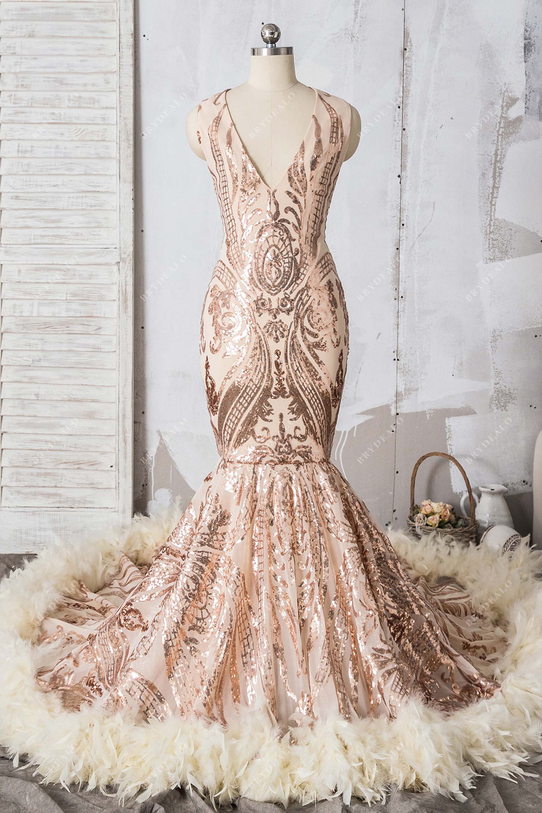 v-neck sleeveless sequin feather mermaid prom dress