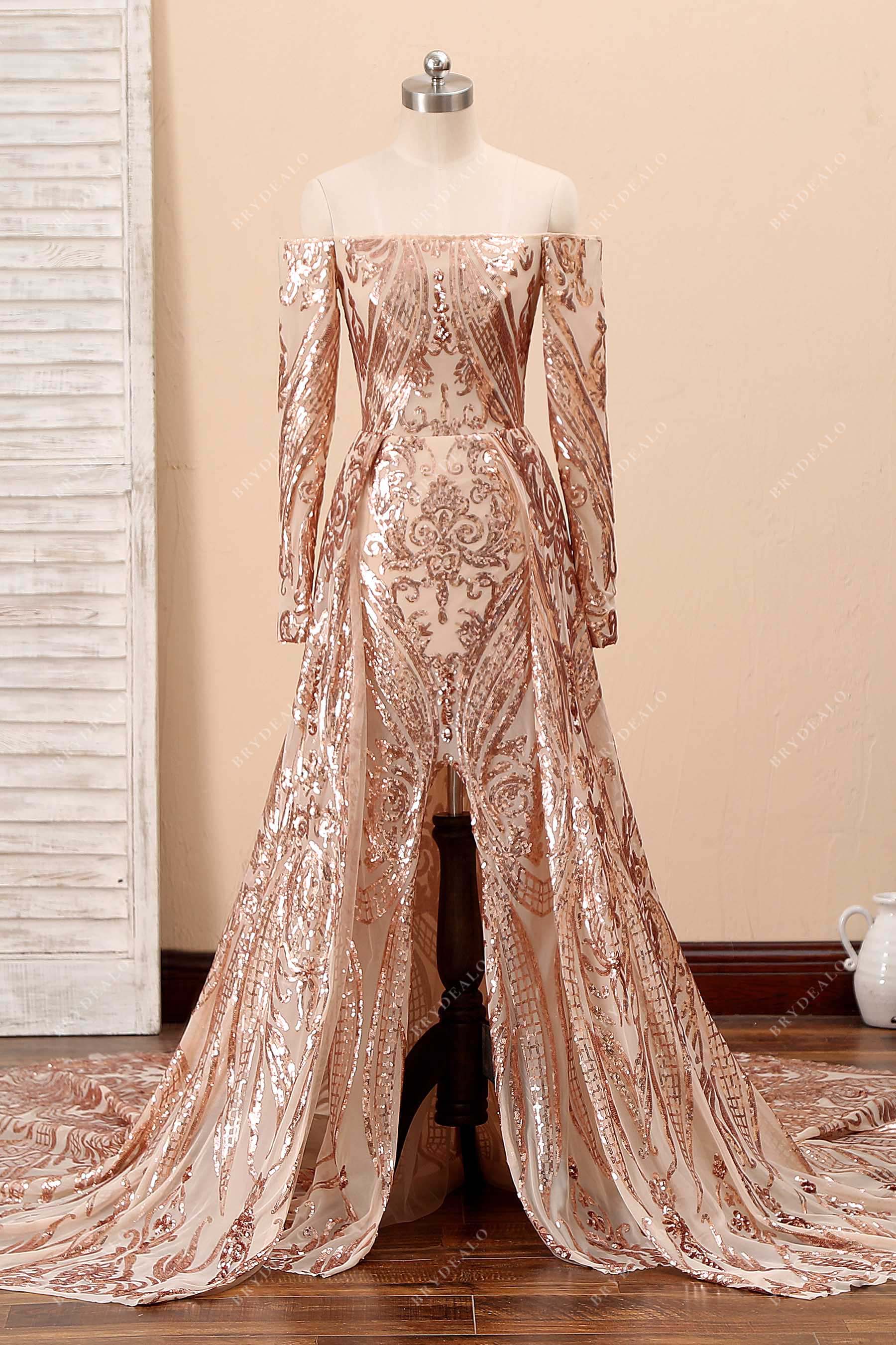 champagne off shoulder slit prom dress