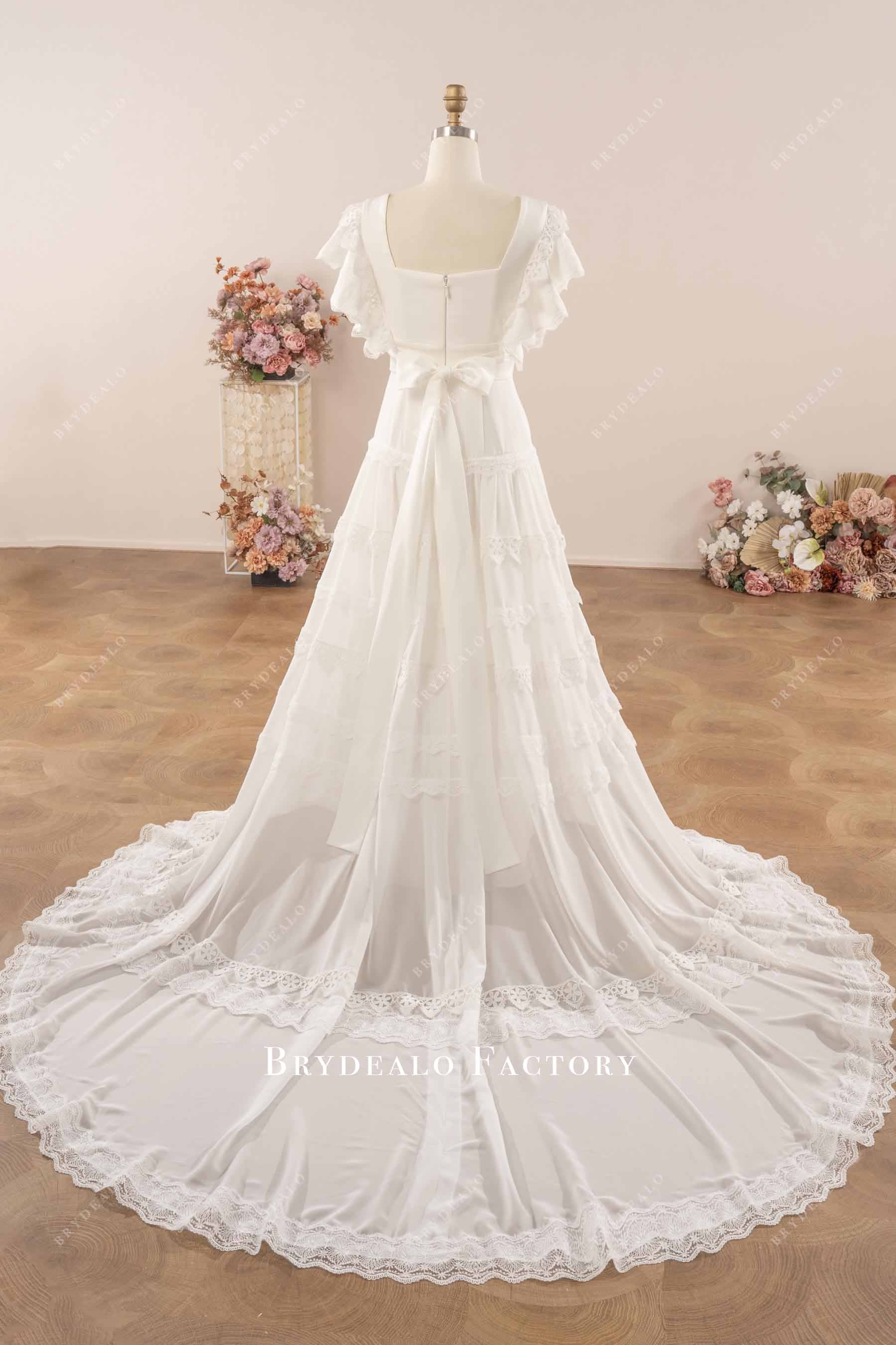 chapel layered lace trim wedding gown