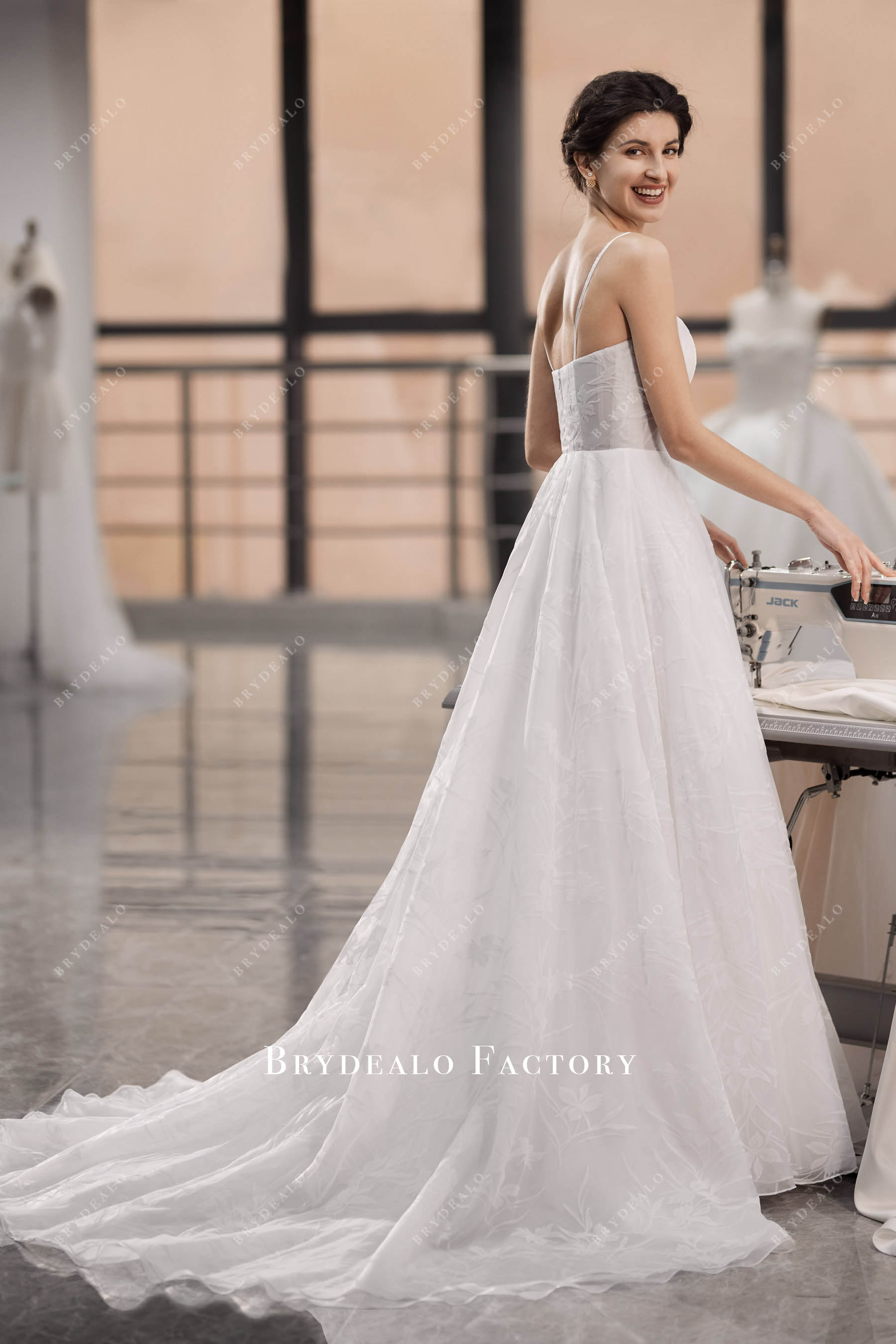 spaghetti straps A-line chapel train velvet organza wedding dress