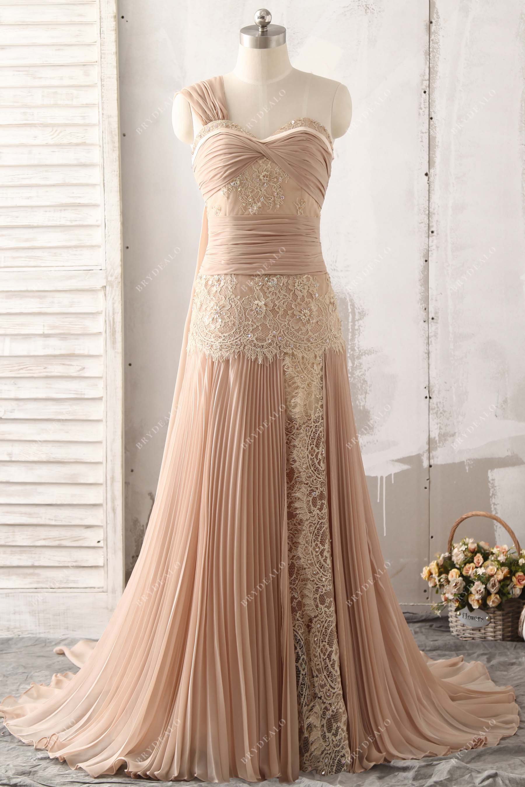 apricot chiffon one shoulder chiffon prom dress