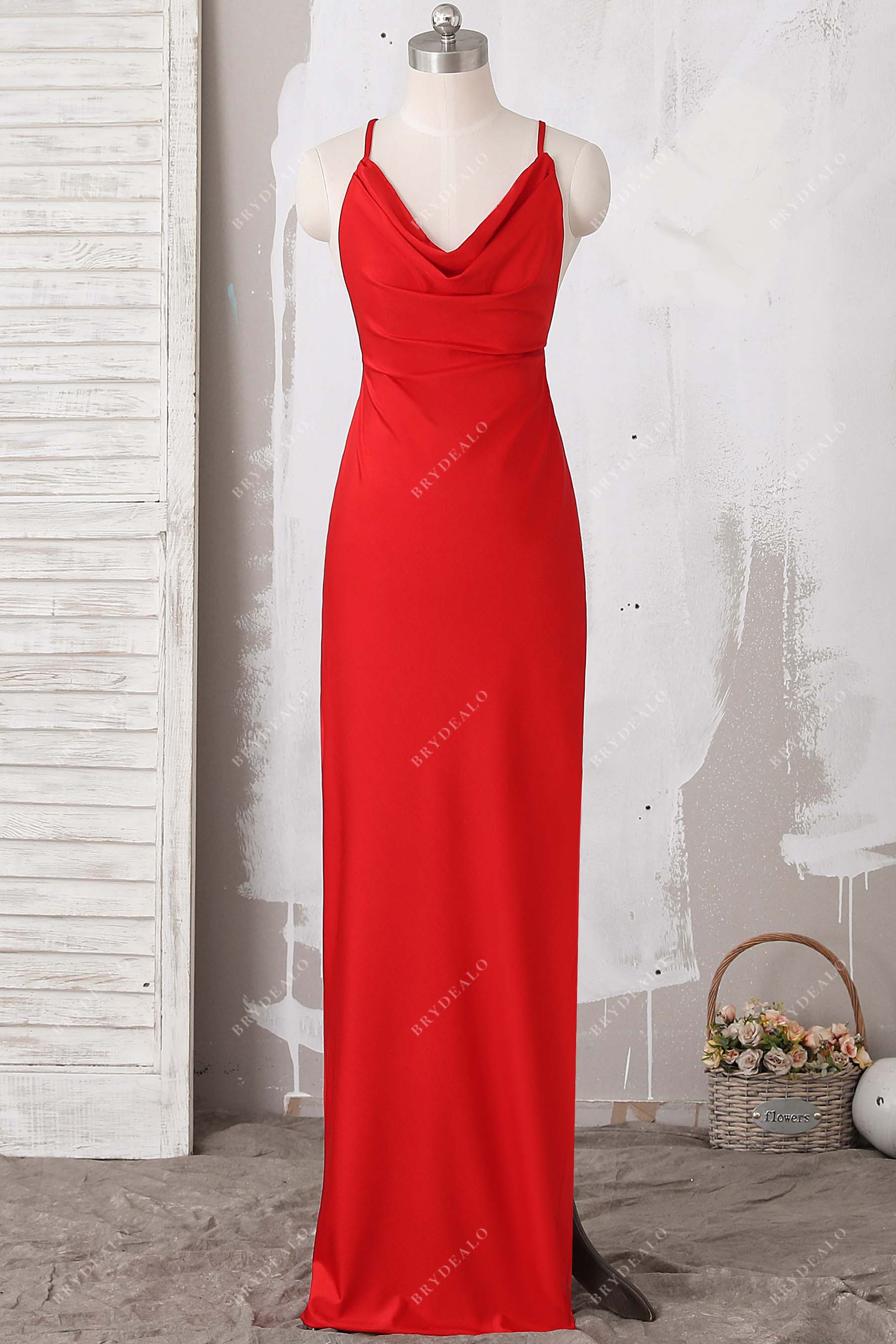 red jersey cowl neck slit prom derss