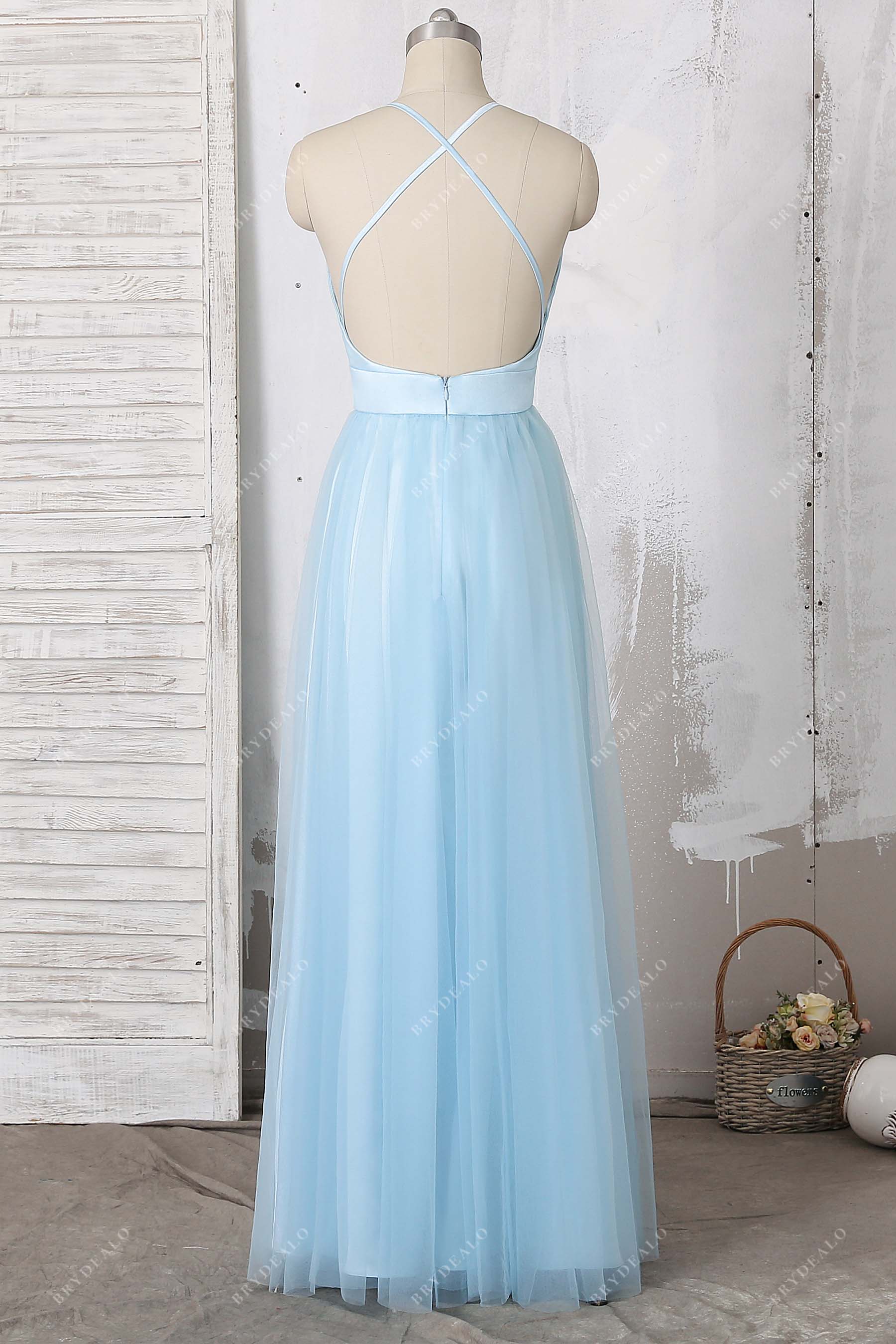 strappy open back floor length formal dress