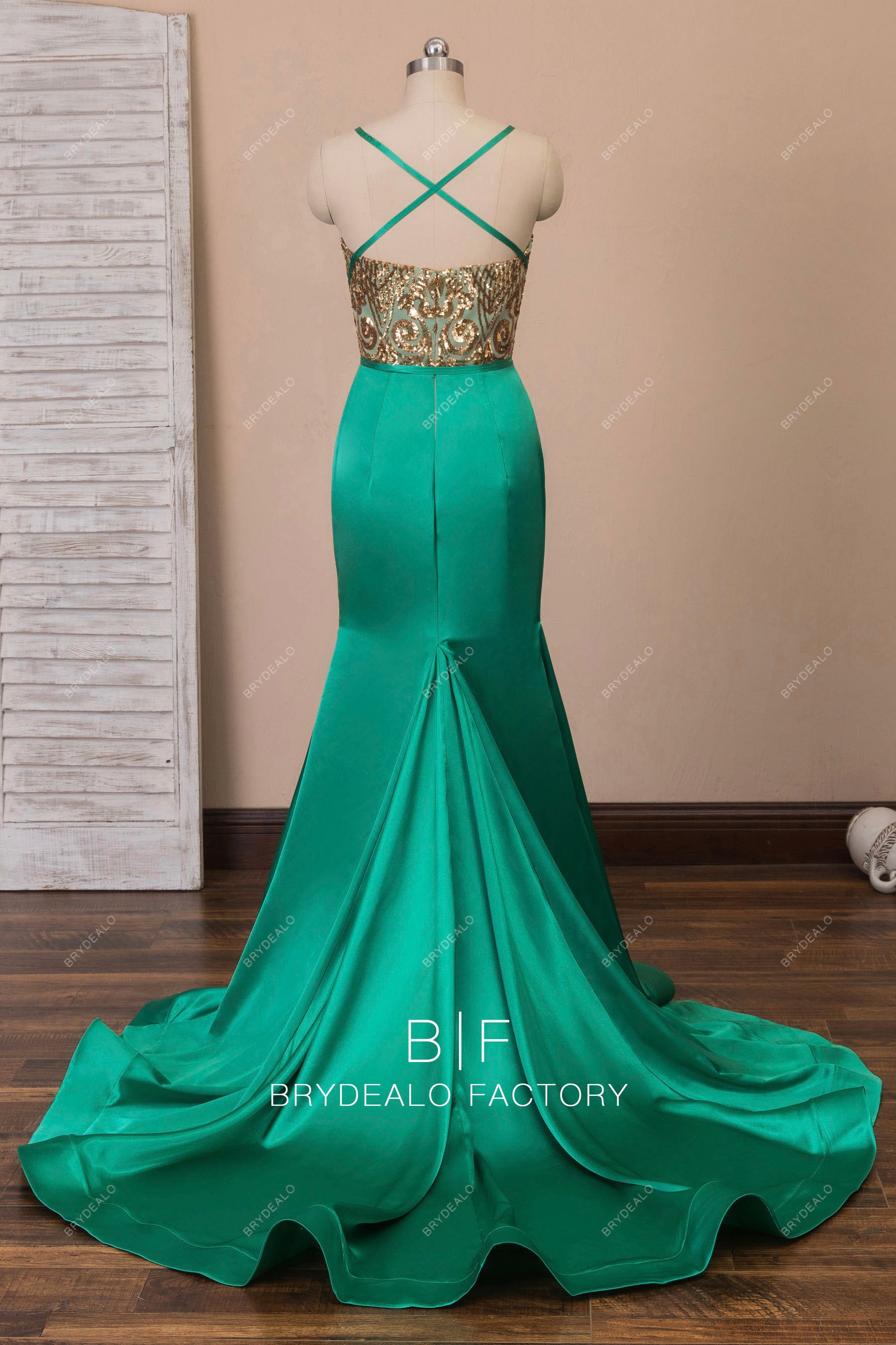 strappy back gold lace sequin mermaid formal dress