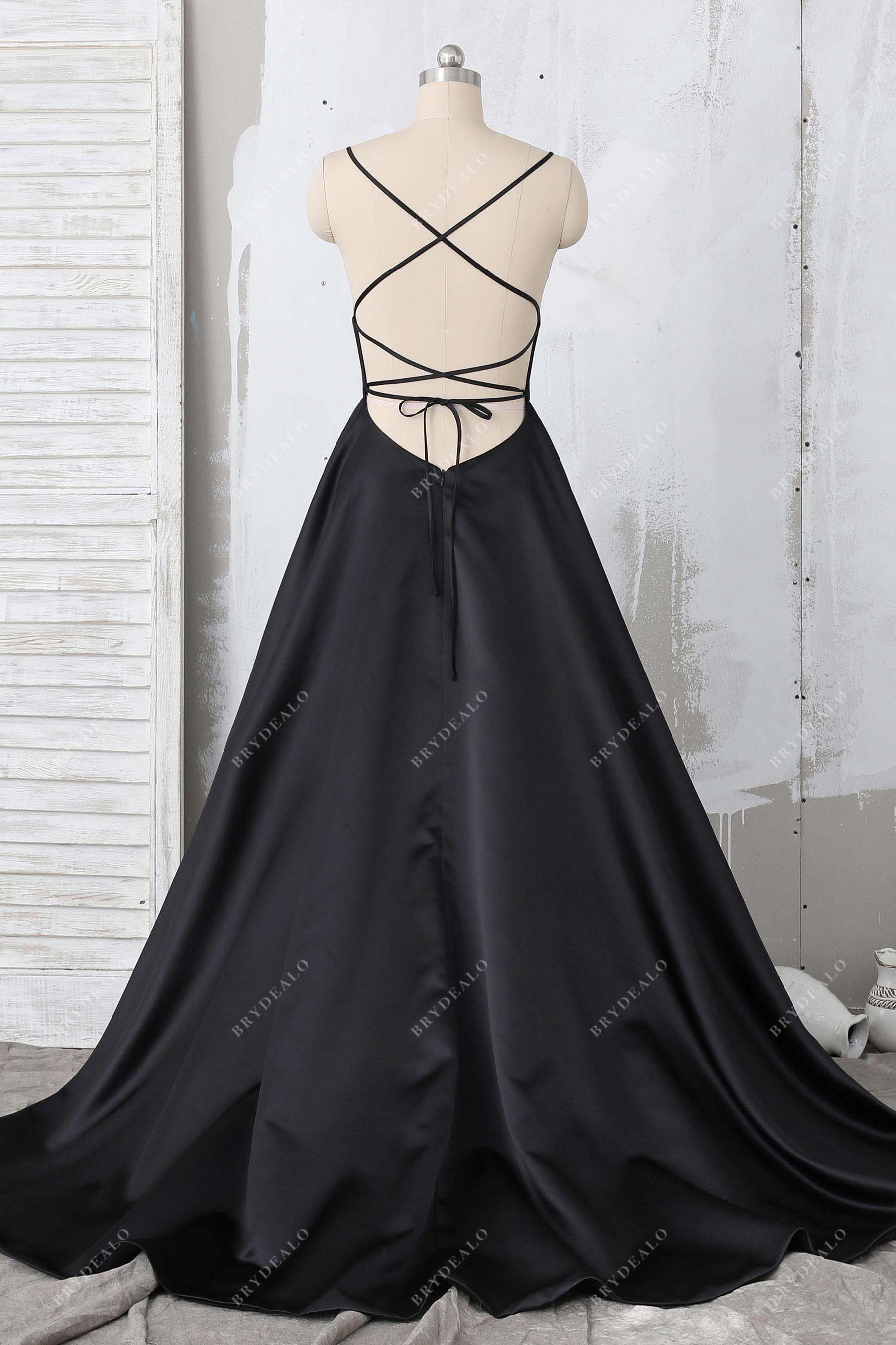 crisscross back black satin formal dress