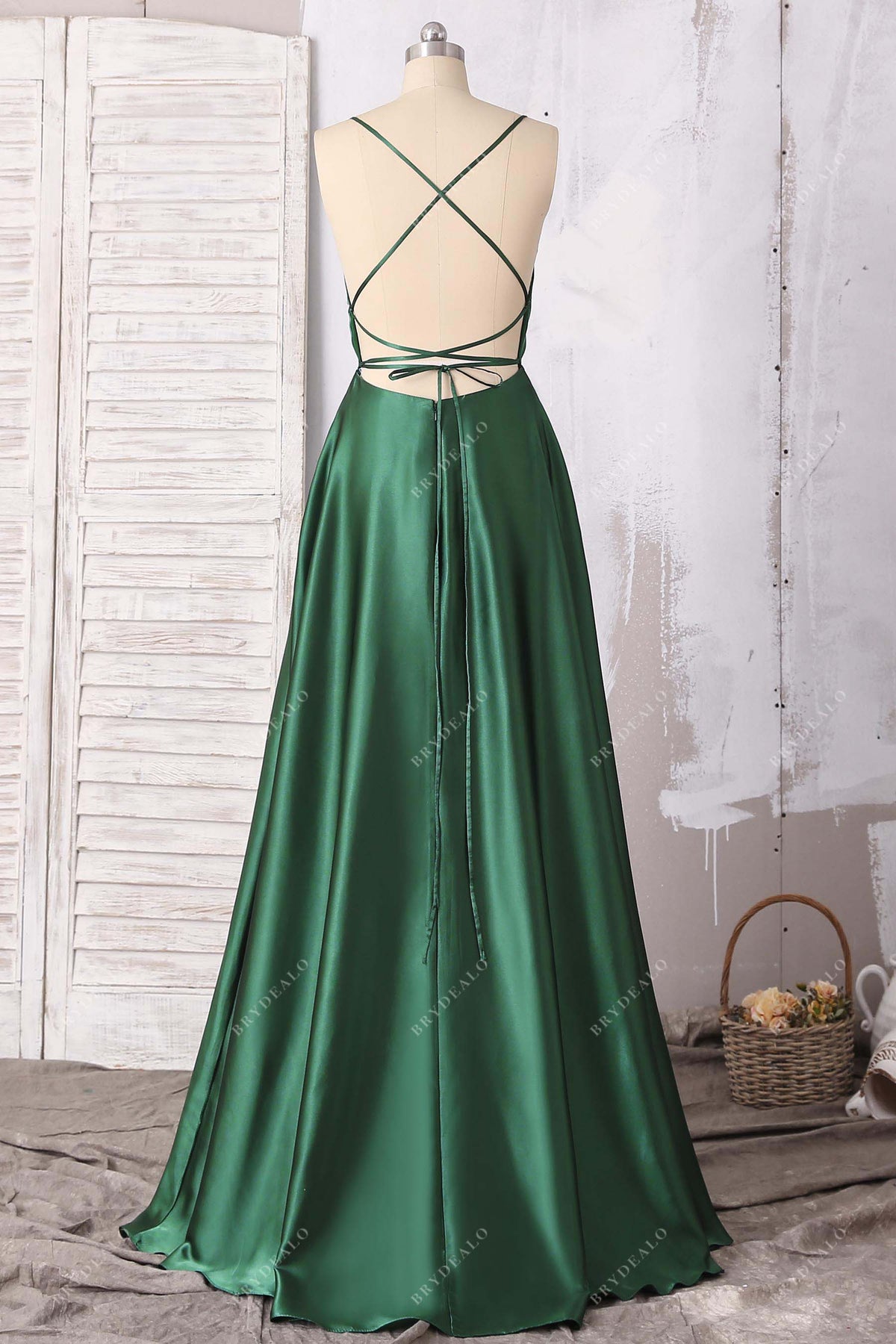 Emerald Green Strappy Back Sexy Slit A-line Satin Dress Brydealo Emerald Green Strappy Back Sexy Slit A-line Satin Dress Brydealo
