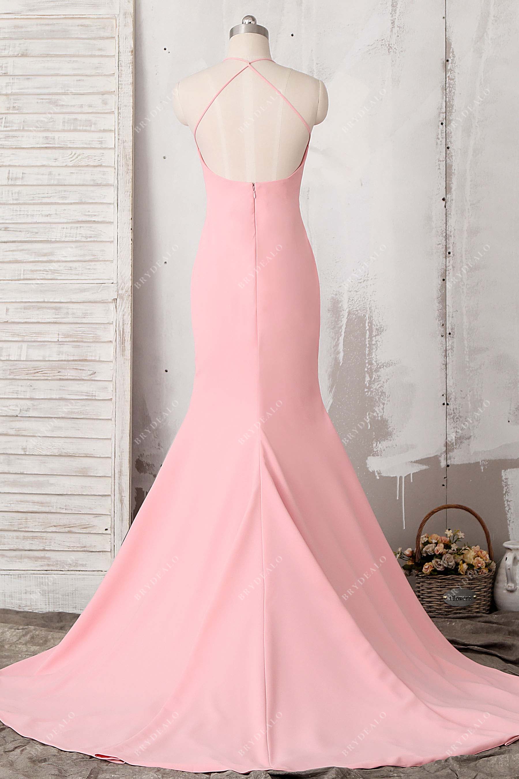 crisscross open back trumpet formal dress