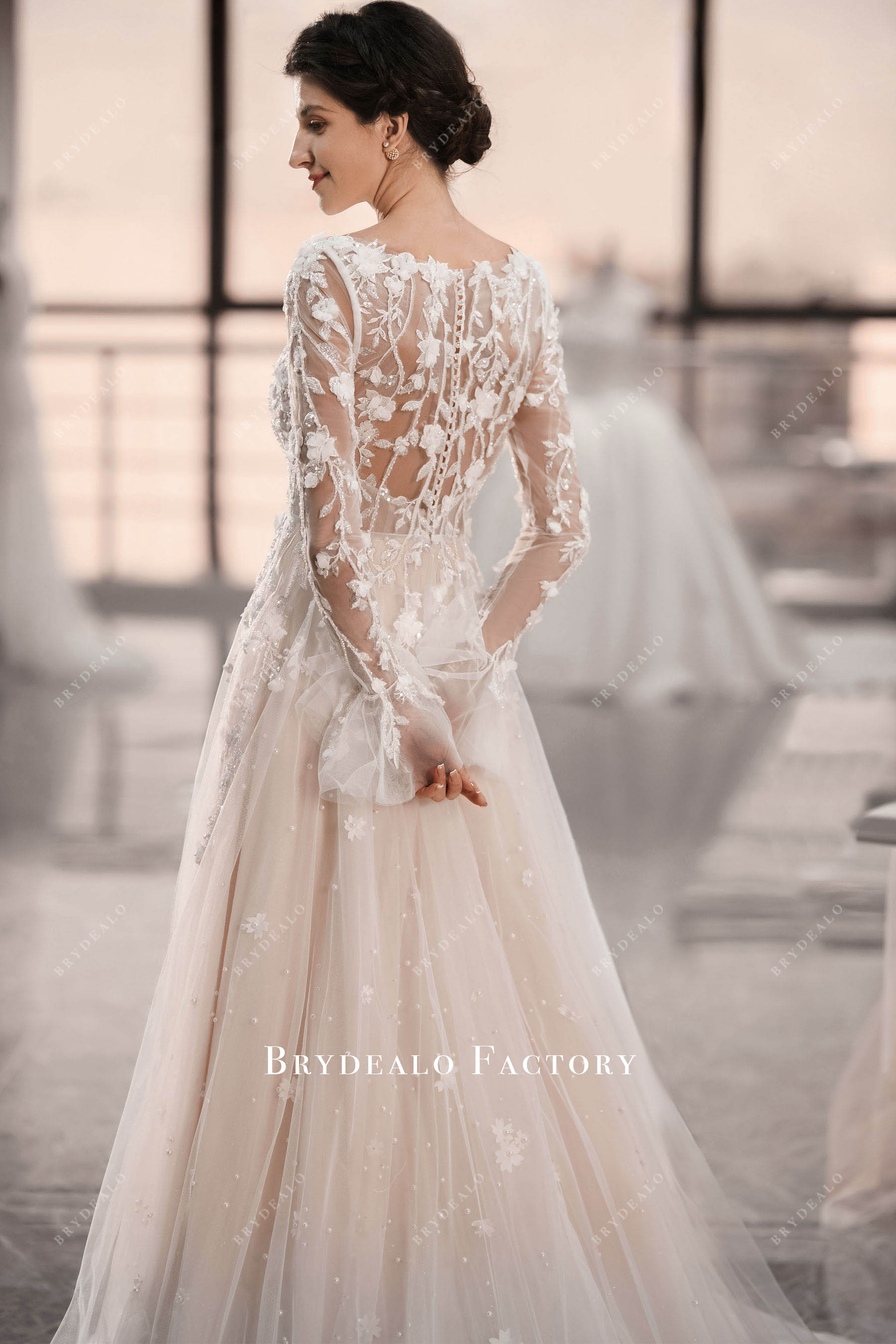crystal illusion back tulle A-line wedding dress